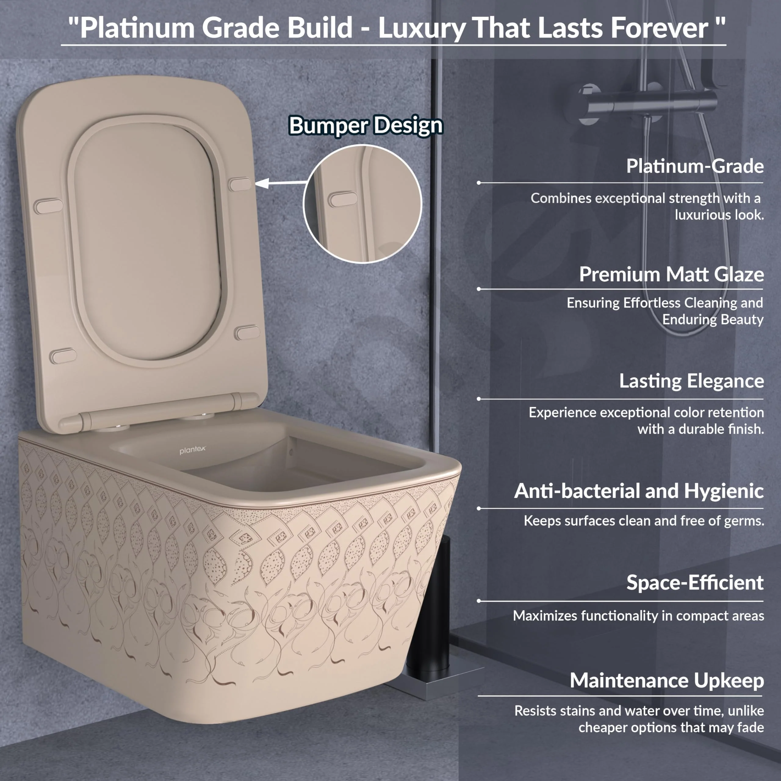 Plantex Ceramic Commode/Rimless Western Toilet/Wall Hung Commode with Soft Closing Toilet Seat Cover- P Trap - (LAS03, Khakhi) - Image 2