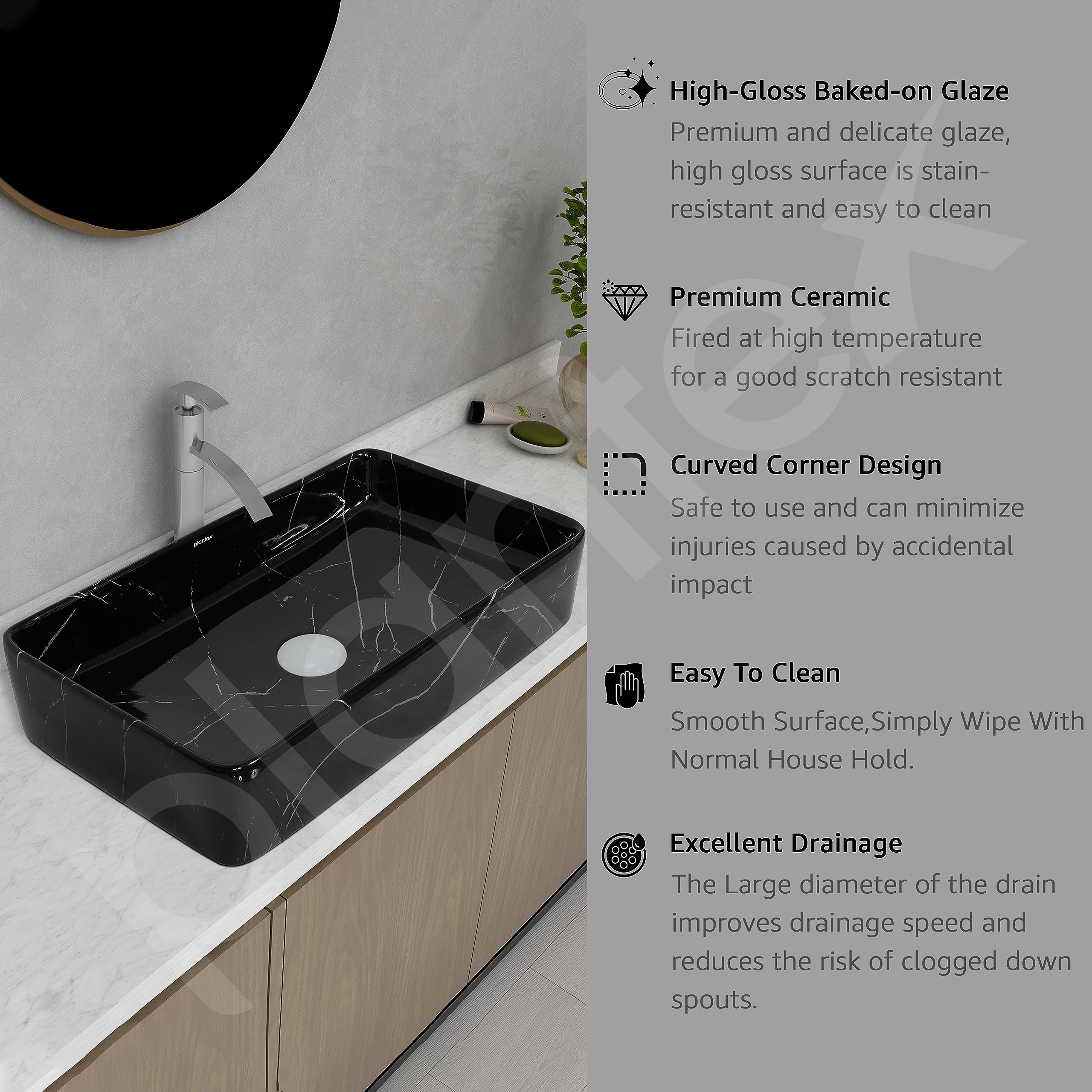 Plantex Ceramic Countertop Basin/Tabletop Washbasin/Bathroom Basin Sink/Marble Washbasin for Kitchen (White Veins, 24 x 13 x 5 Inch) - Image 4