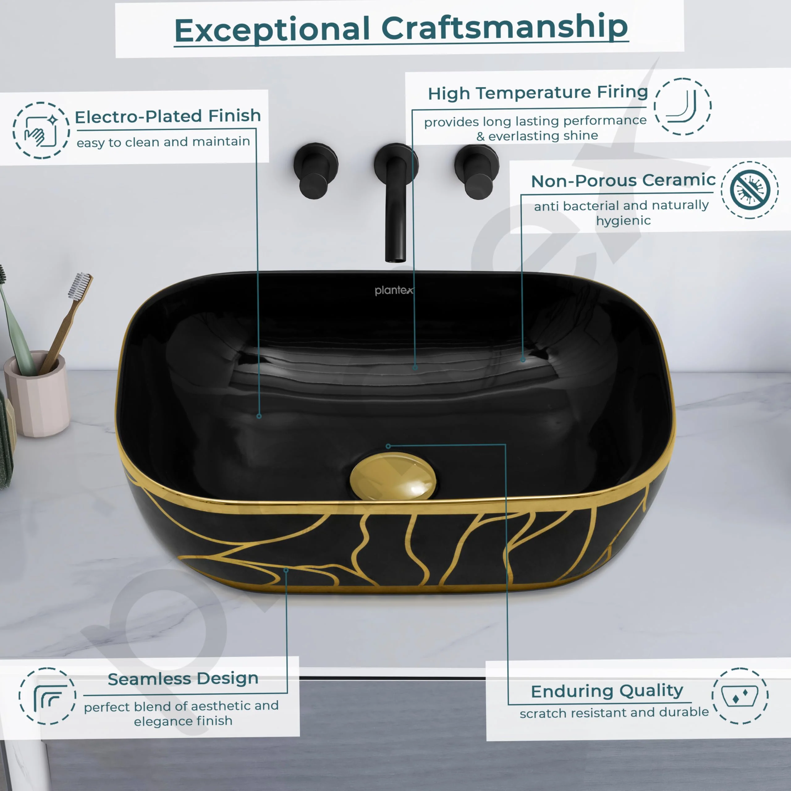 Plantex Ceramic Designer Washbasin for Bathroom/Countertop Basin/Rectangle Tabletop Wash Basin for Home/Office - (16010, Black & Gold) - Image 4