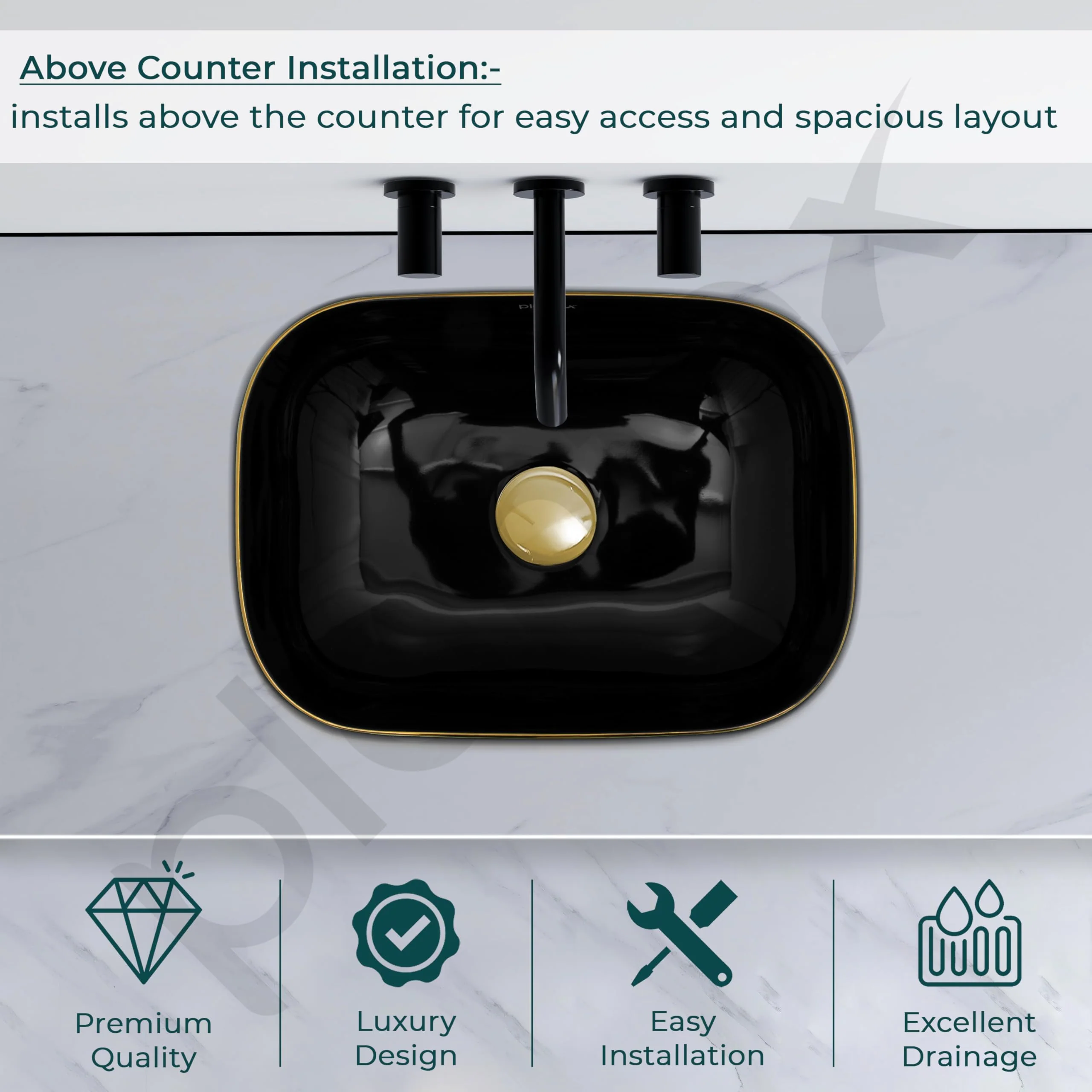 Plantex Ceramic Designer Washbasin for Bathroom/Countertop Basin/Rectangle Tabletop Wash Basin for Home/Office - (16010, Black & Gold) - Image 5
