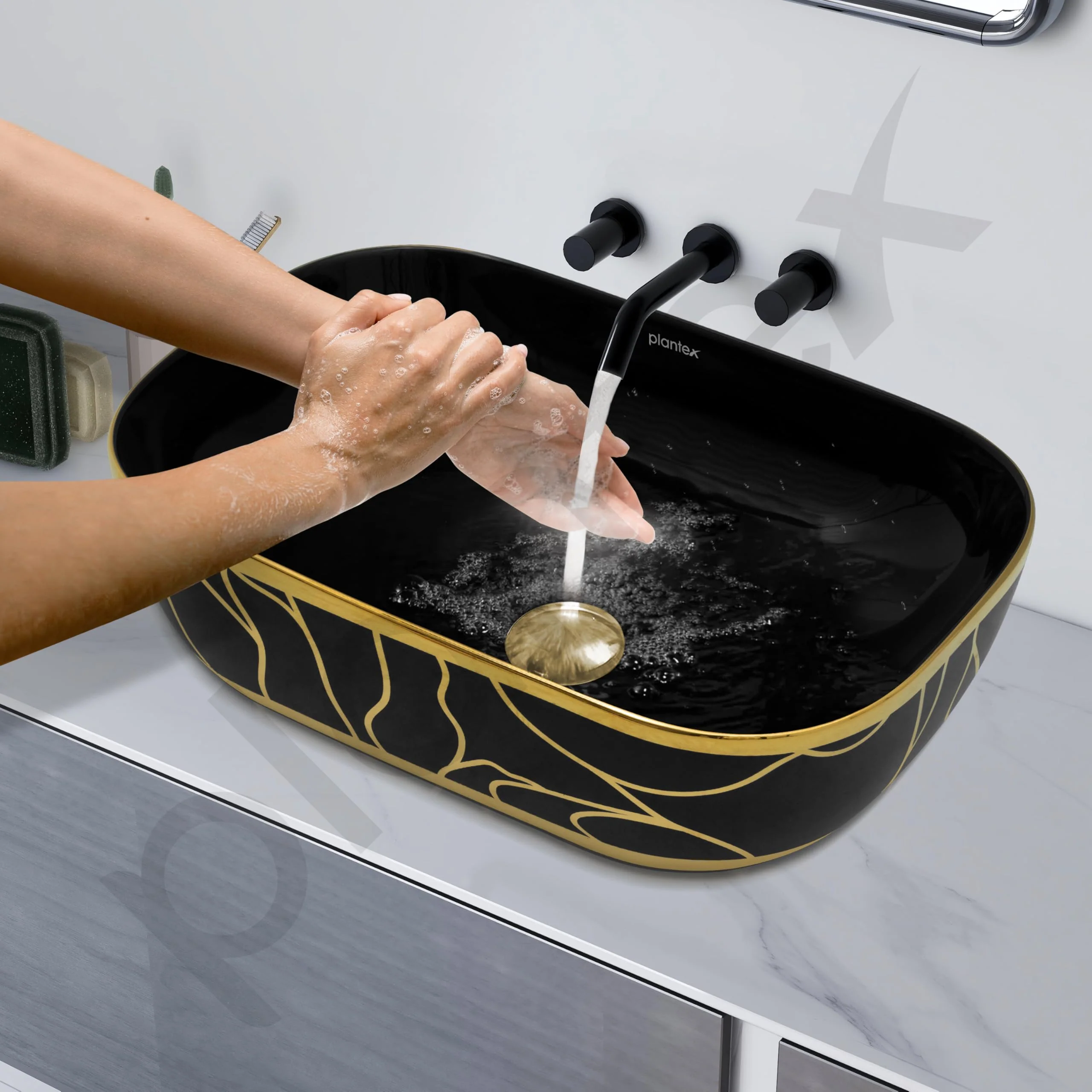 Plantex Ceramic Designer Washbasin for Bathroom/Countertop Basin/Rectangle Tabletop Wash Basin for Home/Office - (16010, Black & Gold) - Image 6