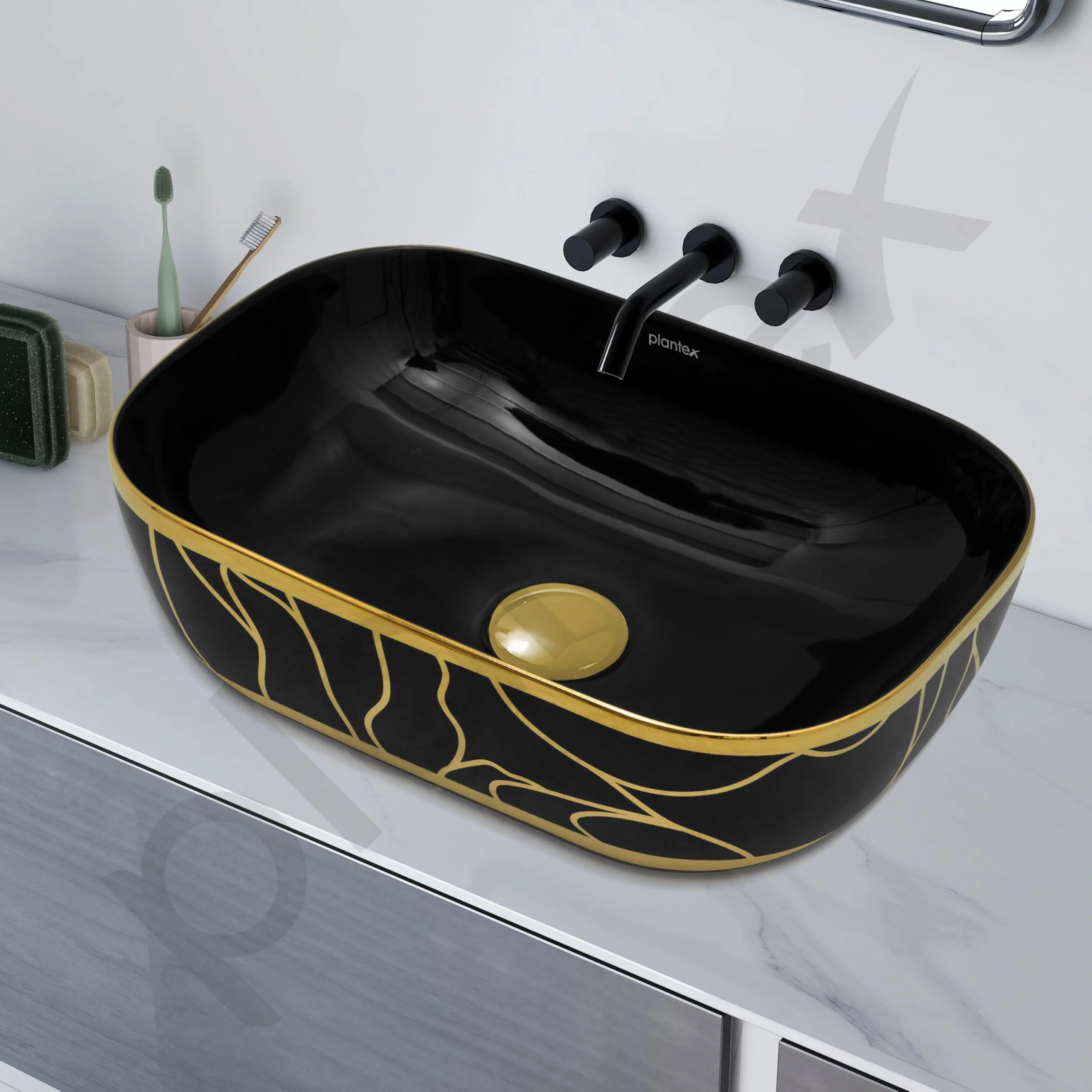 Plantex Ceramic Designer Washbasin for Bathroom/Countertop Basin/Rectangle Tabletop Wash Basin for Home/Office - (16010, Black & Gold) - Image 7