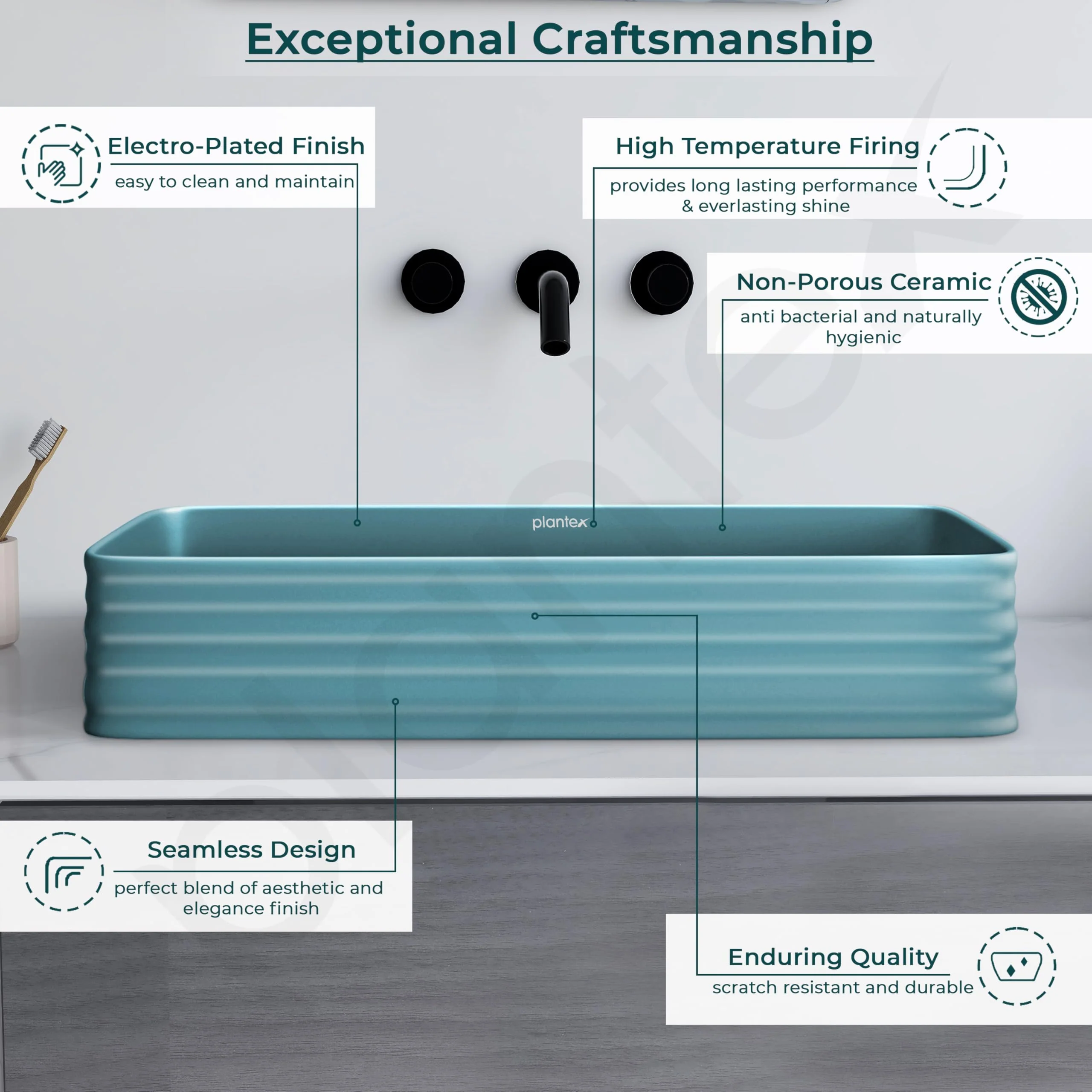 Plantex Ceramic Designer Washbasin for Bathroom/Countertop Bathroom Basin/Rectangle Tabletop Wash Basin for Restaurant/Hotel (Harmony Blue - 26 x 15 x 5 Inch) - Image 4