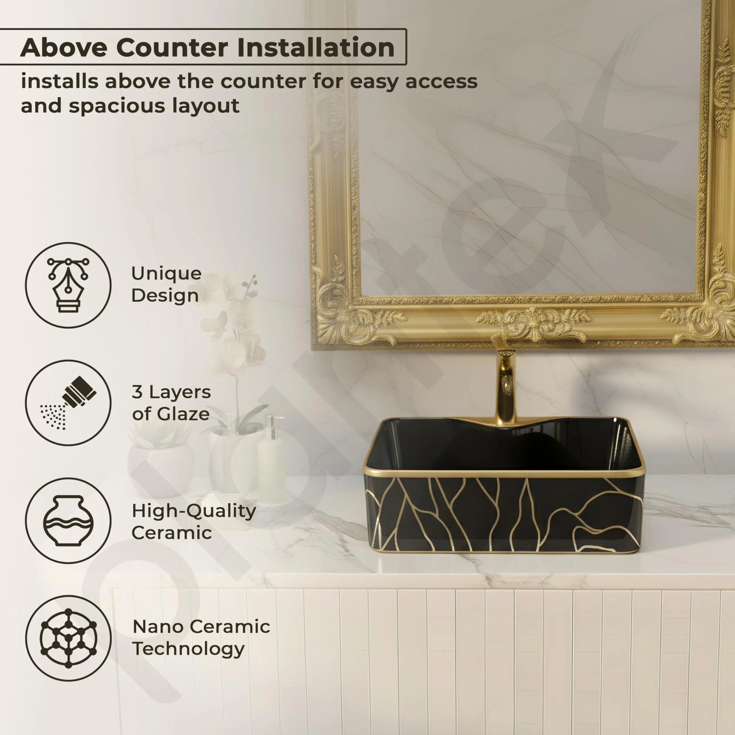 Plantex Ceramic Designer Washbasin for Bathroom/Countertop Wash Basin/Rectangle Tabletop Hand Wash Basin for Restaurant/Hotel (19x15x5 Inch - Black & Gold) - Image 2