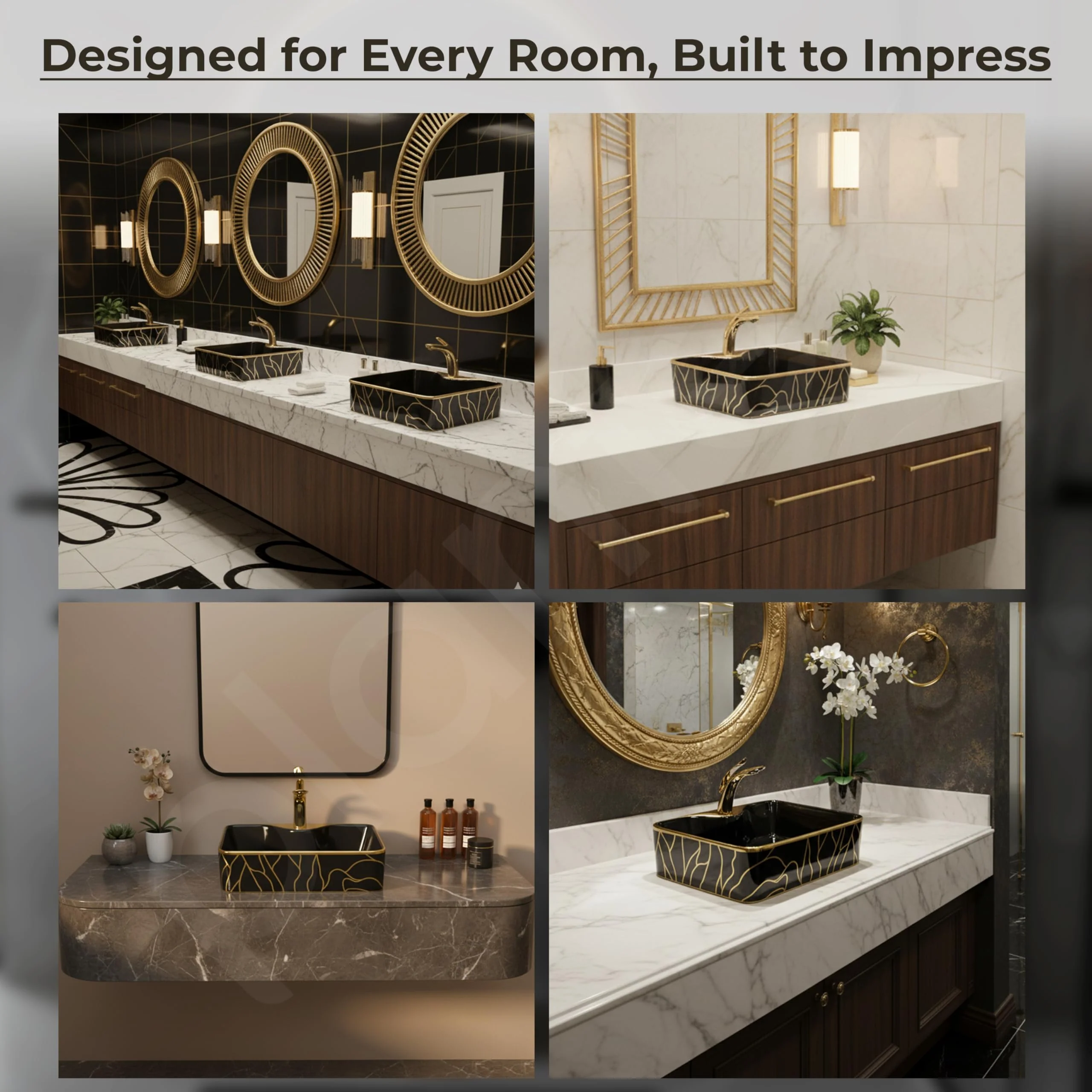 Plantex Ceramic Designer Washbasin for Bathroom/Countertop Wash Basin/Rectangle Tabletop Hand Wash Basin for Restaurant/Hotel (19x15x5 Inch - Black & Gold) - Image 3