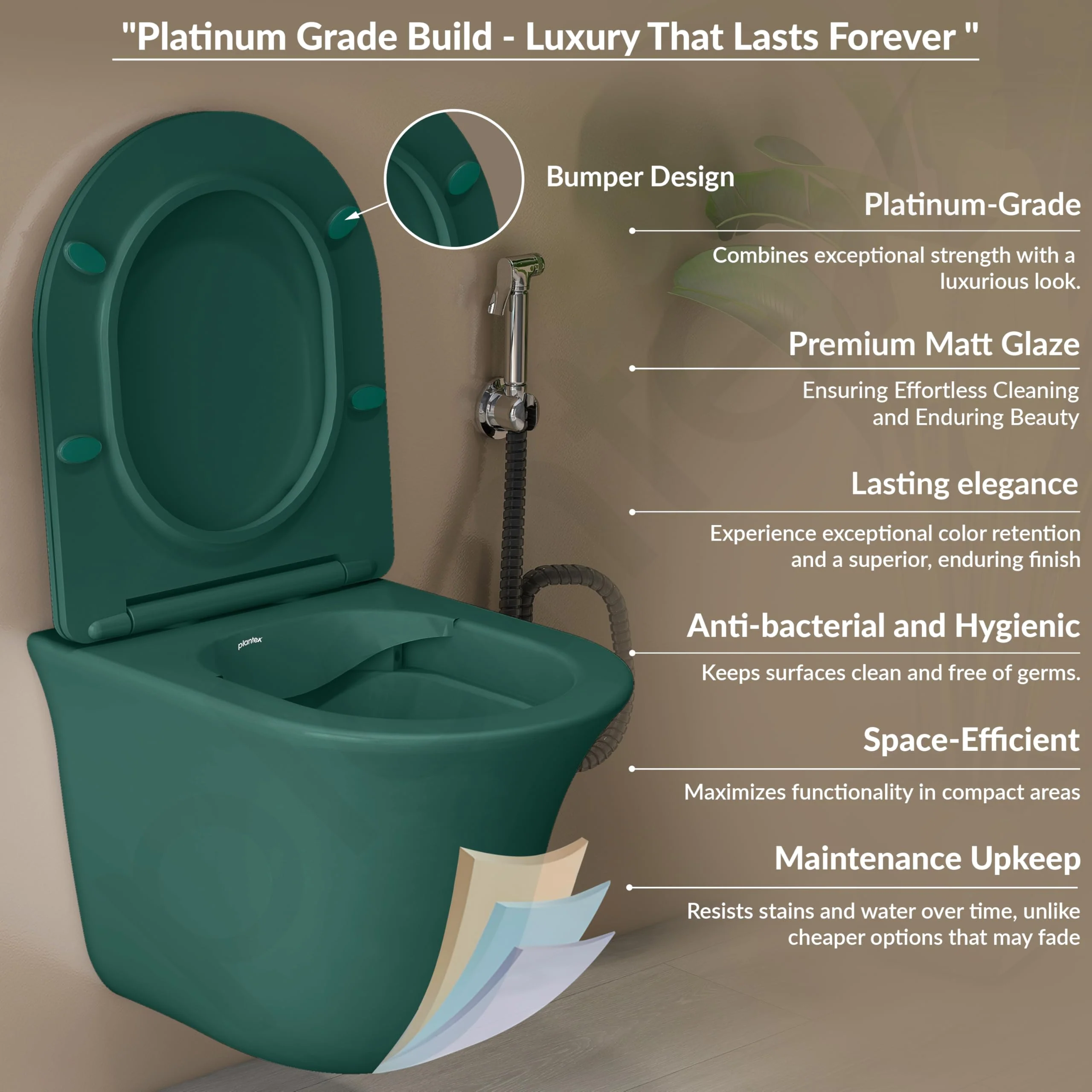 Plantex Ceramic Imported Commode Toilet/Rimless Washdown Wall Mounted Commode with Soft Closing Toilet Seat - P Trap Outlet (1164 - Matt Green) - Image 5