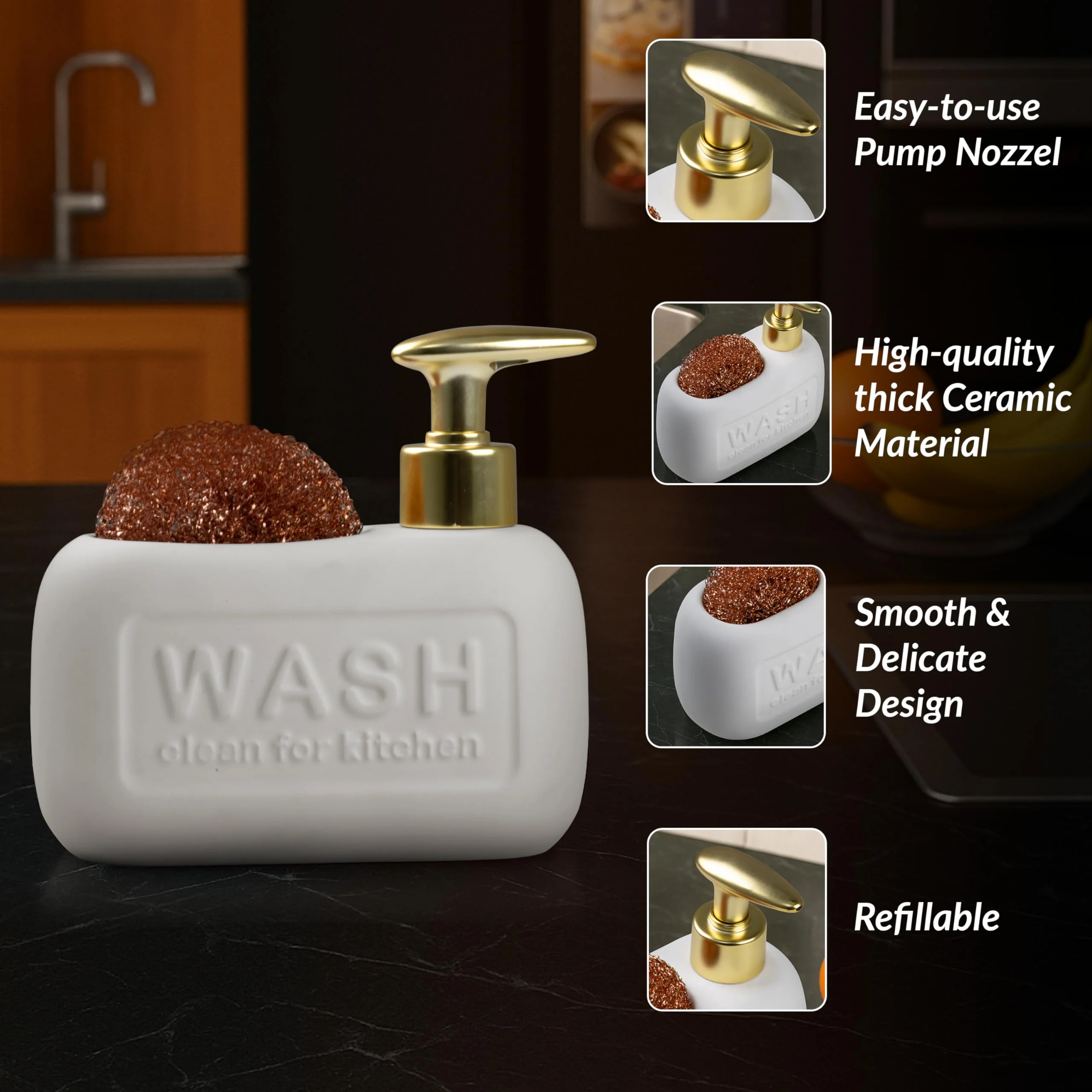 Plantex Ceramic Soap Dispenser with Scruber/Liquid Soap Dispenser/Sink Dish Washing Soap Dispenser Set/Soap Dispenser for Wash Basin Ceramic - Bathroom Accessories - Image 2