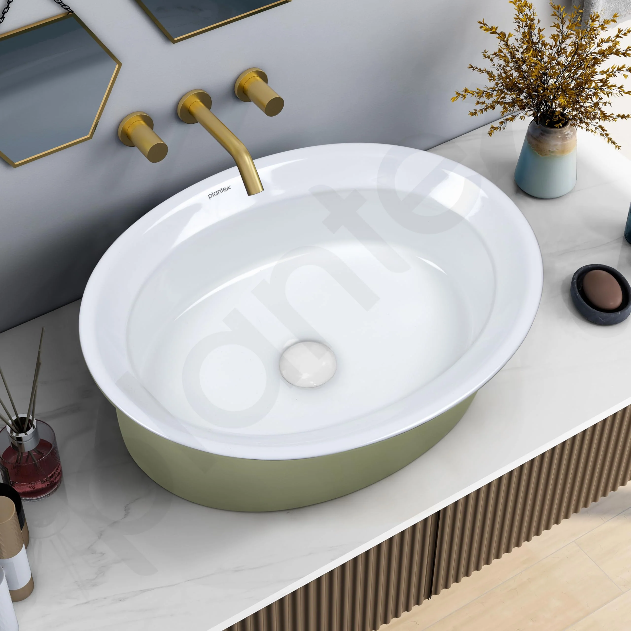 Plantex Ceramic Table Top Washbasin for Bathroom/Countertop Basin/Oval Counter Top Wash Basin for Home/Office/Hotel (21x16x6 Inch - White&Green) - Image 7