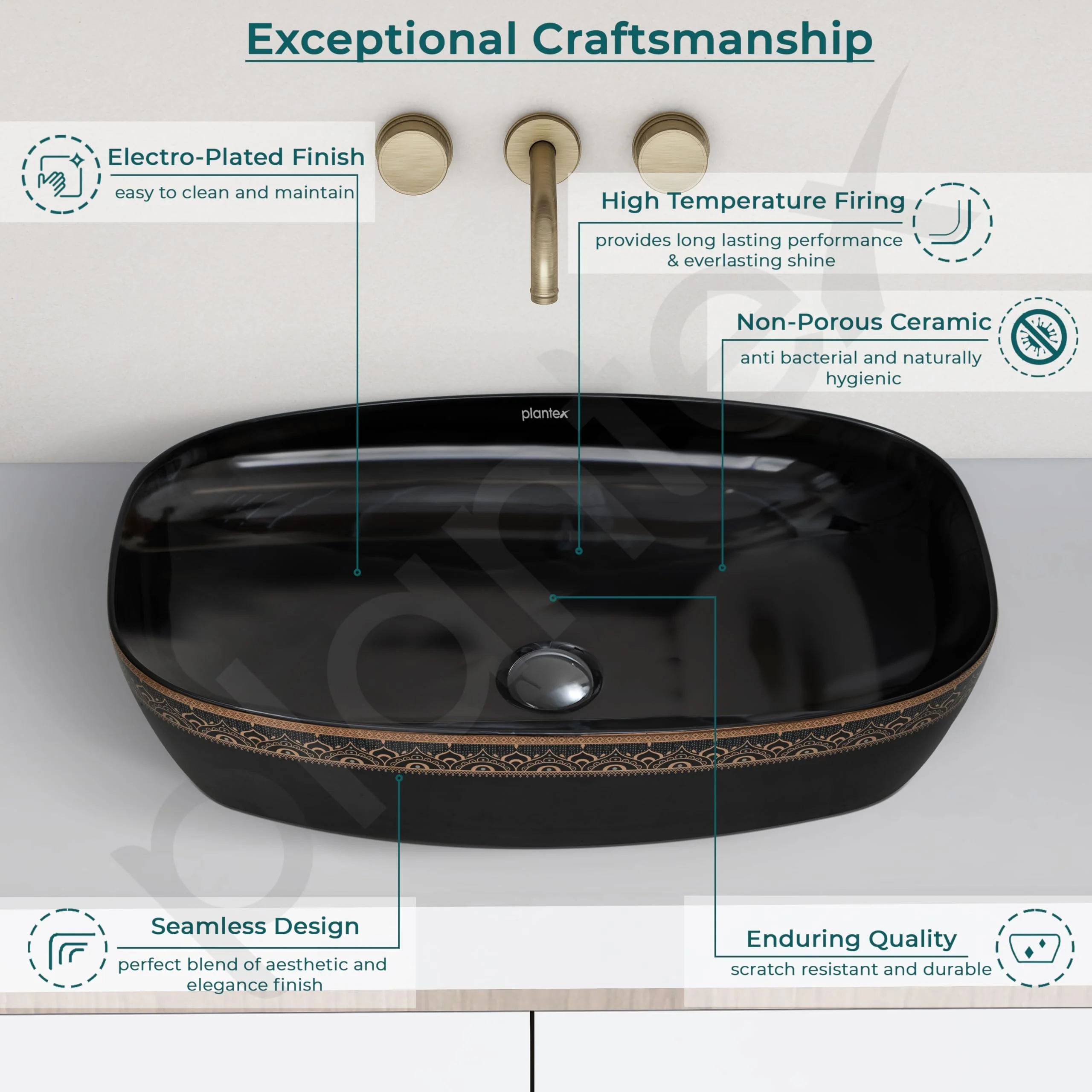 Plantex Ceramic Table Top Washbasin For Bathroom/Hand Wash Sink/Rectangle Countertop Vessel Sink Basin For Home/Office/Hotel (Black - 23.5 X 15 X 5 Inch) - Image 4