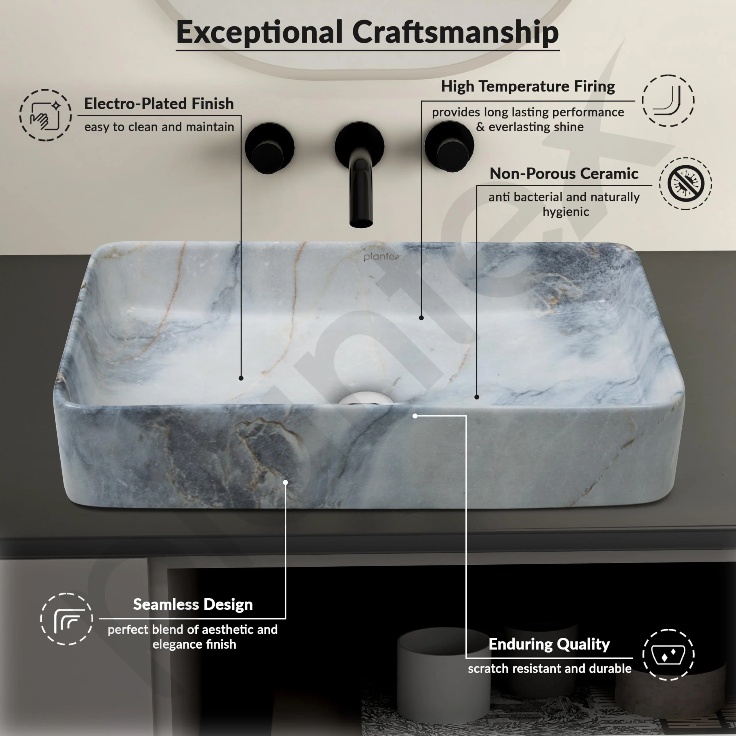 Plantex Ceramic Table Top Wash basin For Bathroom/Hand Wash Sink/Rectangle Countertop Washbasin For Home/Office/Hotel - (Marble White) - Image 2
