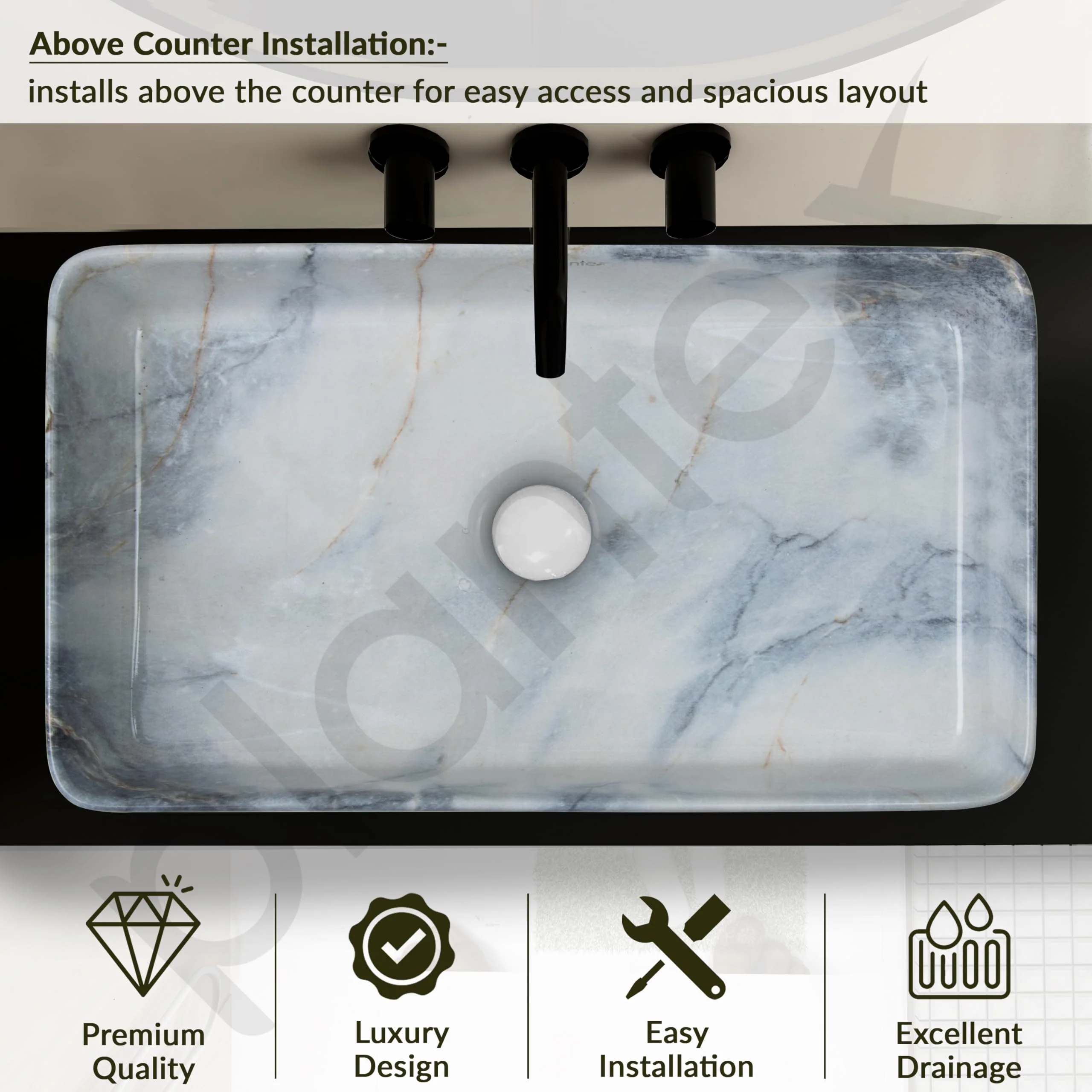 Plantex Ceramic Table Top Wash basin For Bathroom/Hand Wash Sink/Rectangle Countertop Washbasin For Home/Office/Hotel - (Marble White) - Image 5