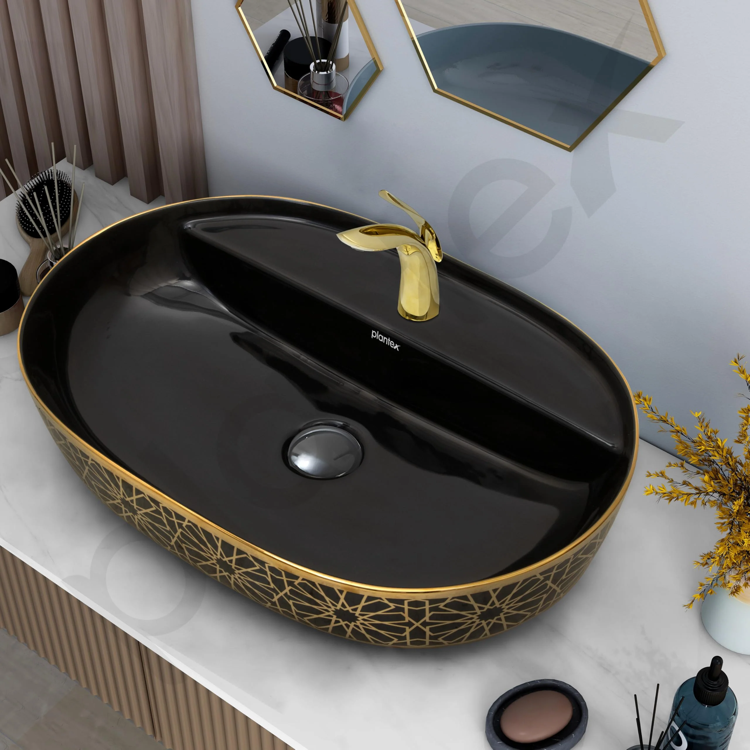 Plantex Ceramic Tabletop Wash Basin for Bathroom/Counter Top Washbasin/Oval Vessel Sink Basin for Home/Hotel/Office (24x16x5.5 Inch - Black & Gold) - Image 6