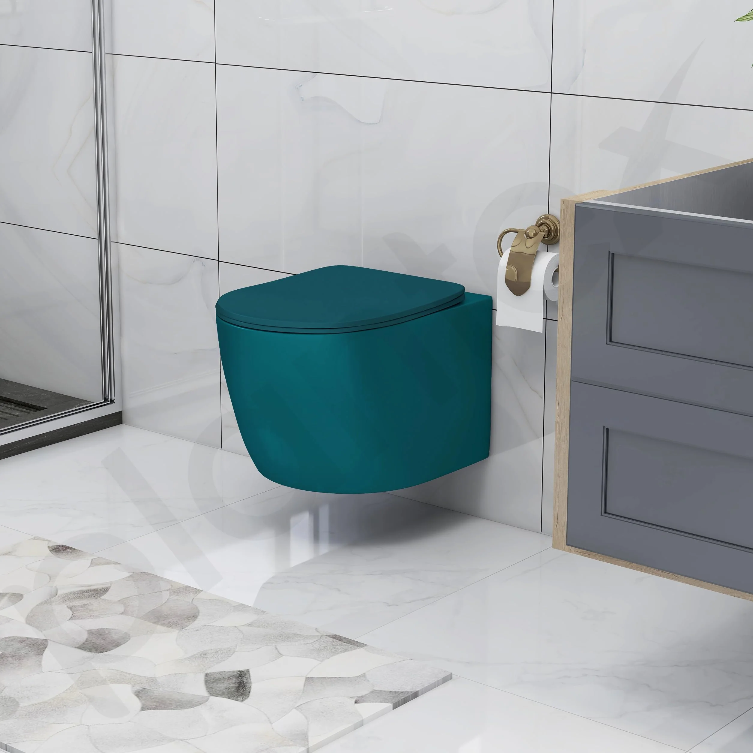 Plantex Ceramic Wall Hung Commode for Toilet/Rimless Washdown Western Commode/Western Toilet with Soft Close Toilet Seat Cover- P Trap (Pine Blue) - Image 2