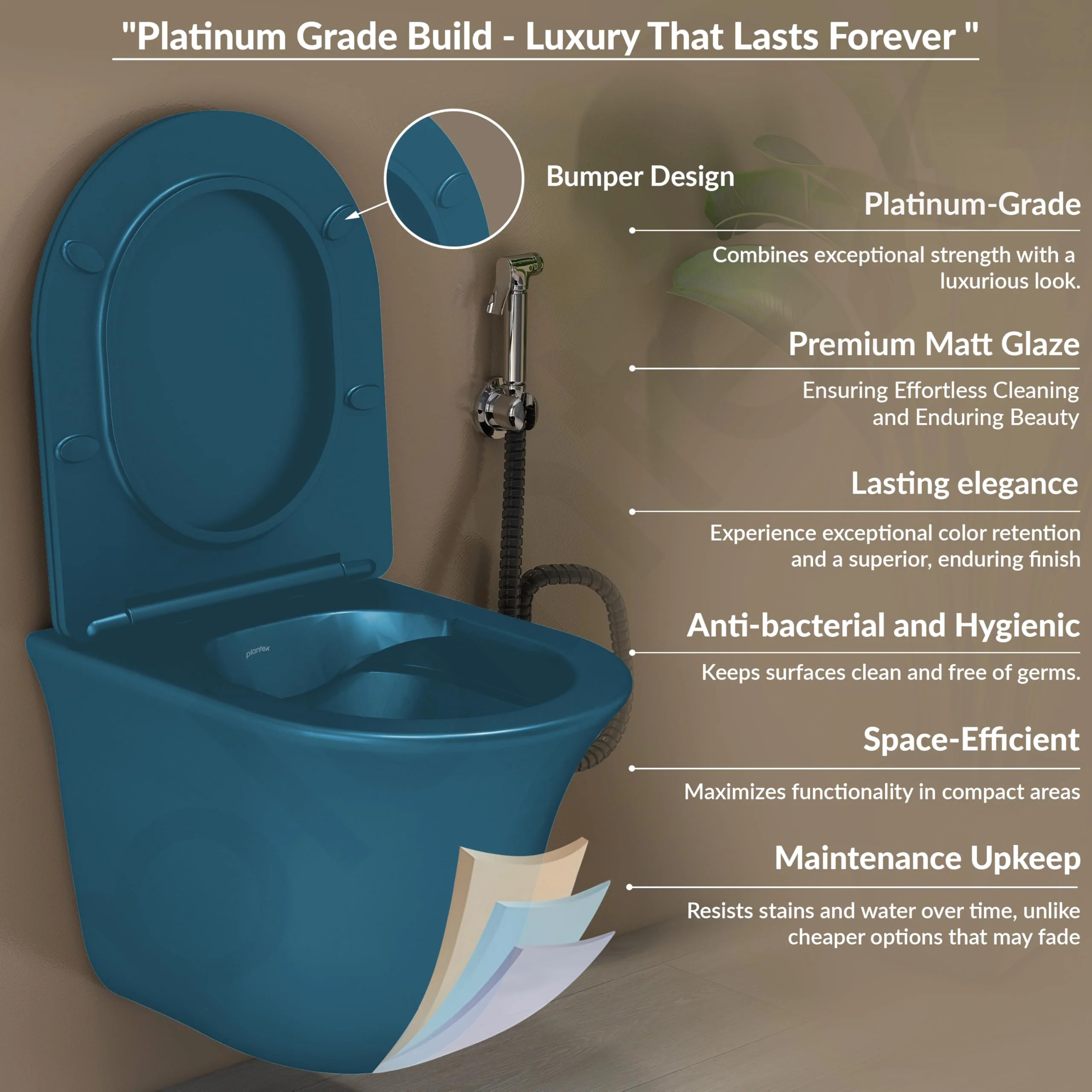 Plantex Ceramic Wall Hung Toilet/Rimless Western Commode for Bathroom/Commode with Soft Closing Toilet Seat - P Trap (Matt Blue) - Image 5