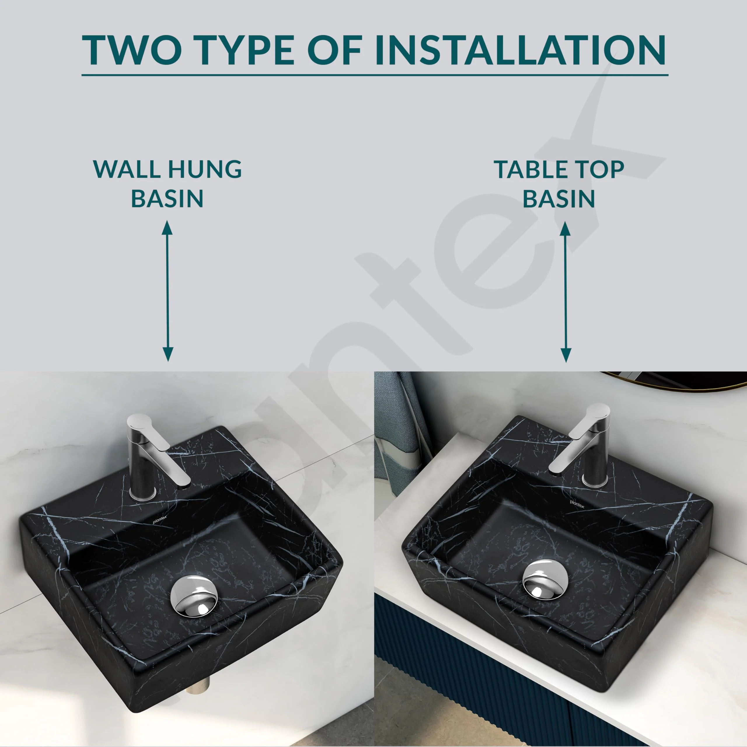 Plantex Ceramic Wall Hung Wash Basin for Bathroom/Square Tabletop Basin/Bathroom Hand Wash Sink/Wall Mount Washbasin for Restaurant/Hotel (Black- 13x11.5x5 Inch) - Image 2