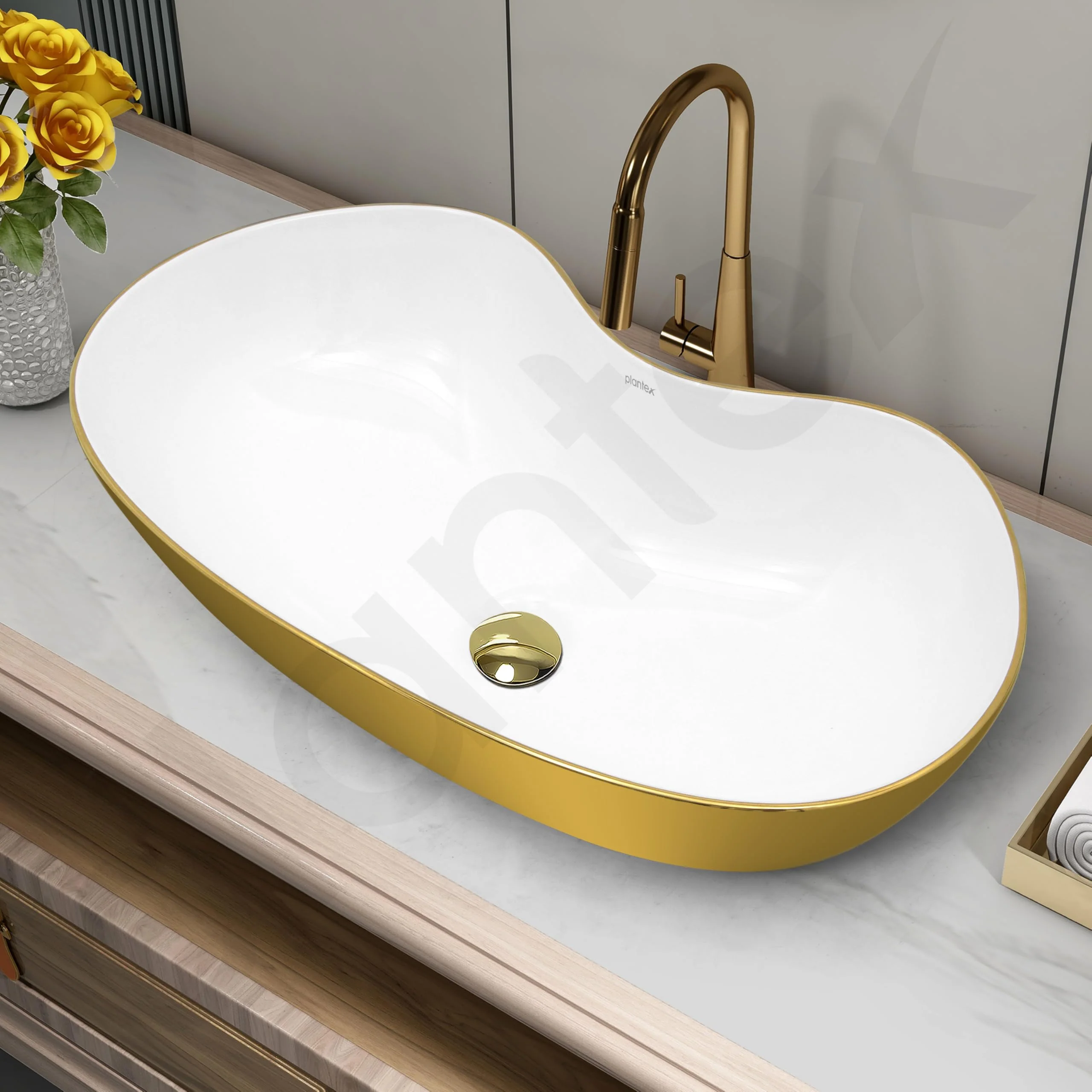Plantex Ceramic Wash Basin for Bathroom/Table Top Washbasin/Designer Countertop Basin for Bathroom/Restaurants/Hotel (White&Gold - 24.5 x 13 x 5.5 Inch) - Image 6