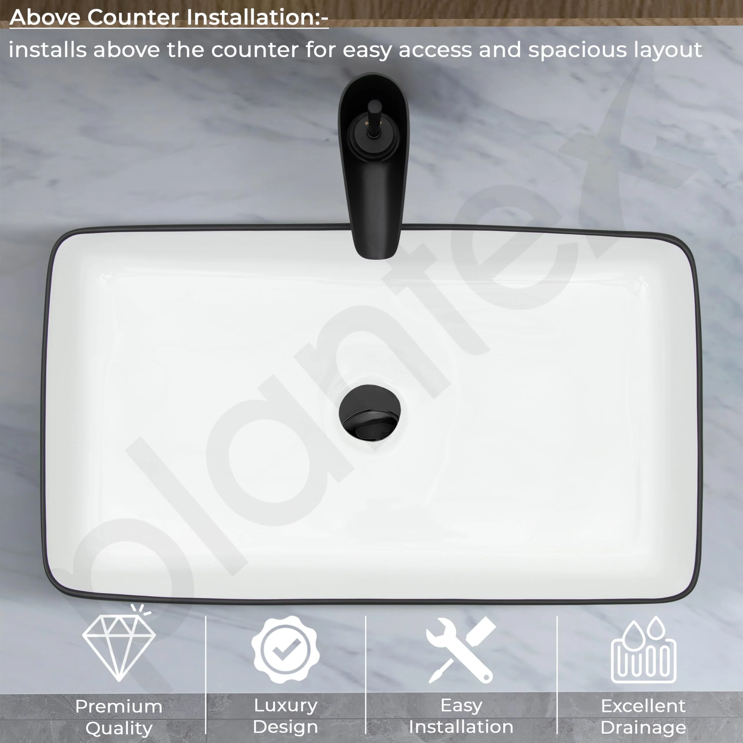 Plantex Ceramic Wash Basin for Bathroom/Tabletop Washbasin/Counter Top Black Washbasin/Vessel Sink (White & Black-25x14x5 Inch) - Image 4