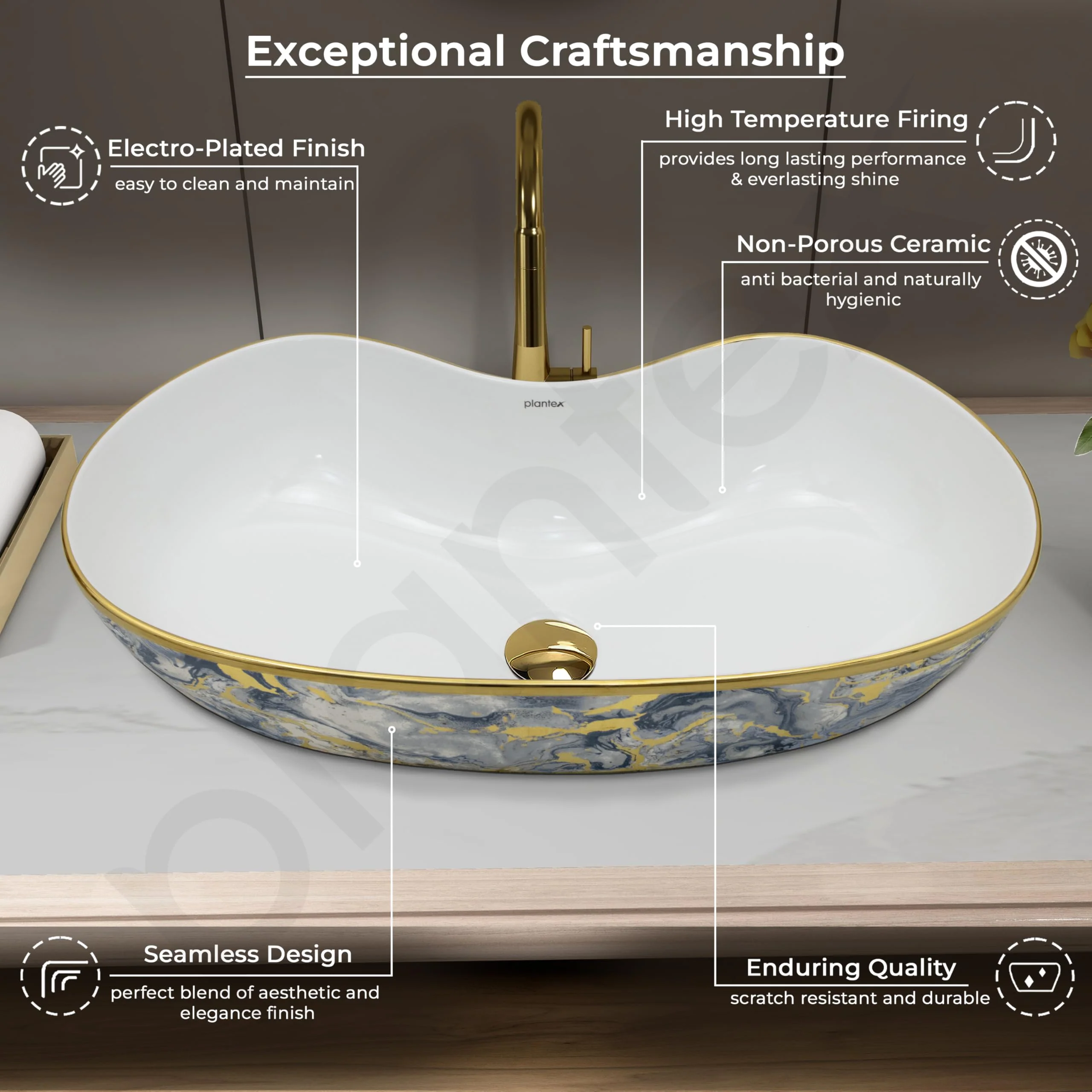Plantex Ceramic Wash Basin/Table Top Hand Washbasin/Designer Countertop Basin for Bathroom/Restaurants/Hotel (24.5x12.5x 5.5 -White & Blue) - Image 5