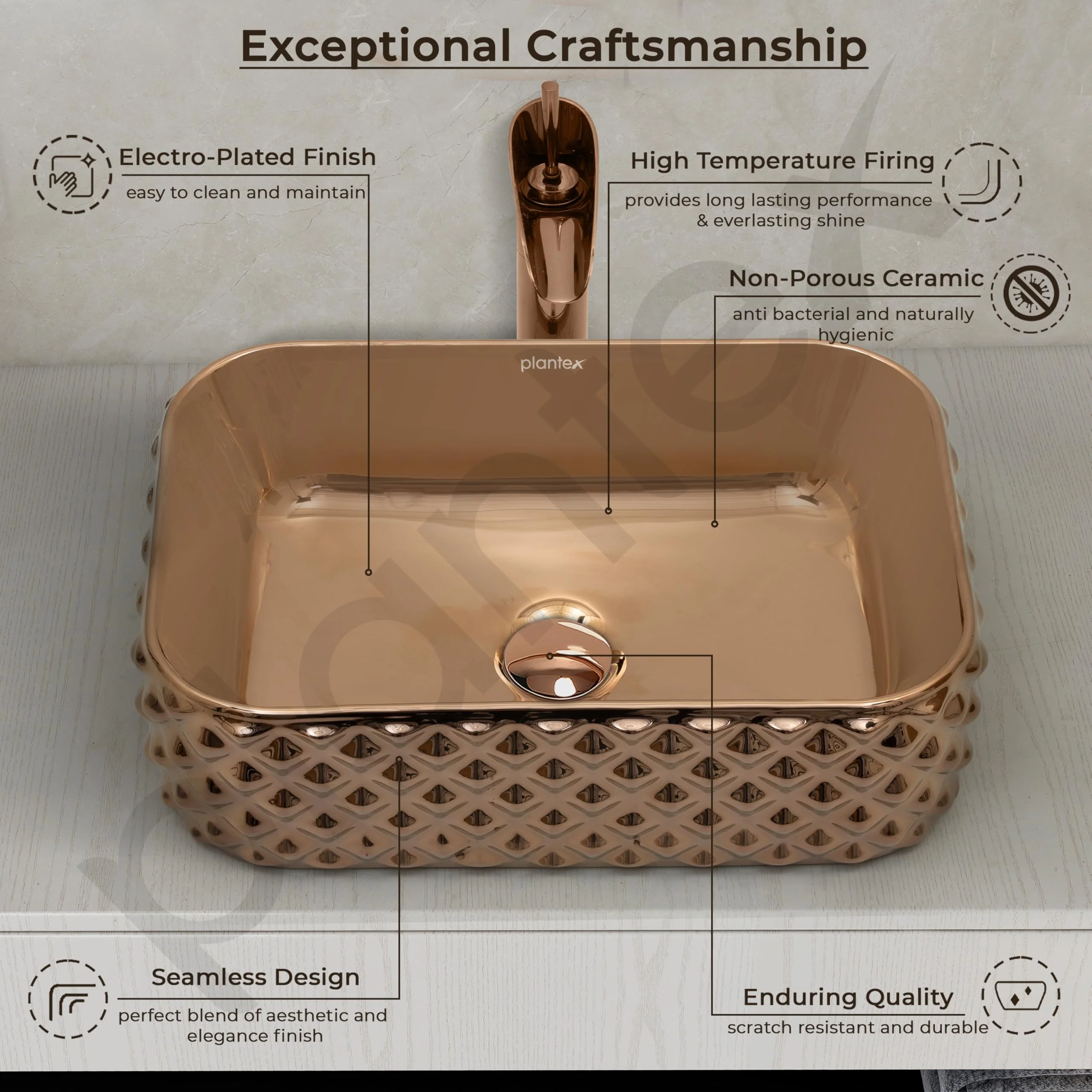 Plantex Ceramic Wash Basin/Tabletop Wash Basin/Designer Countertop Basin for Bathroom/Restaurants/Hotel – Rectangular (295, Rose Gold, 19 x 13 x 5 Inch) - Image 2
