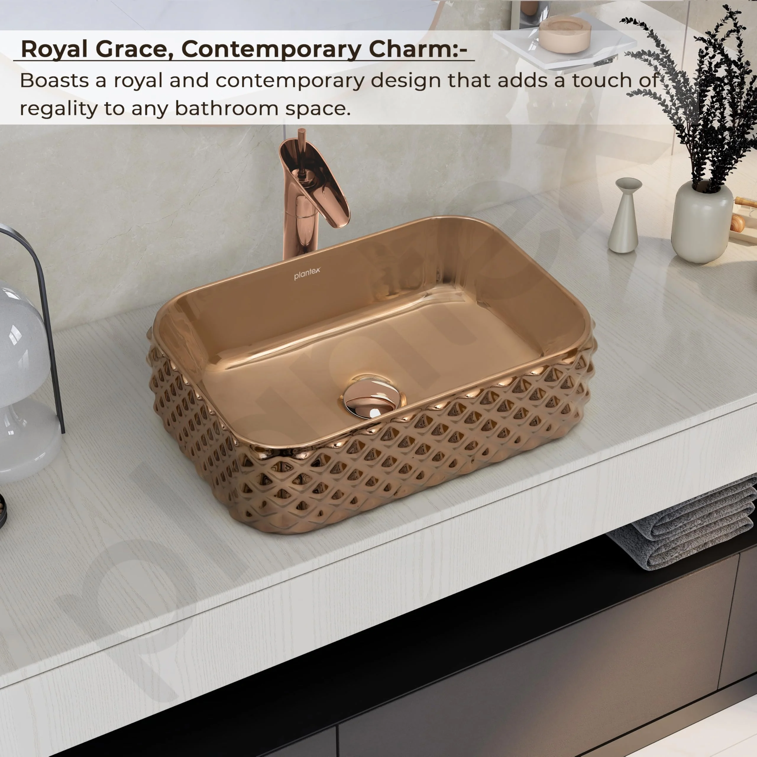 Plantex Ceramic Wash Basin/Tabletop Wash Basin/Designer Countertop Basin for Bathroom/Restaurants/Hotel – Rectangular (295, Rose Gold, 19 x 13 x 5 Inch) - Image 5
