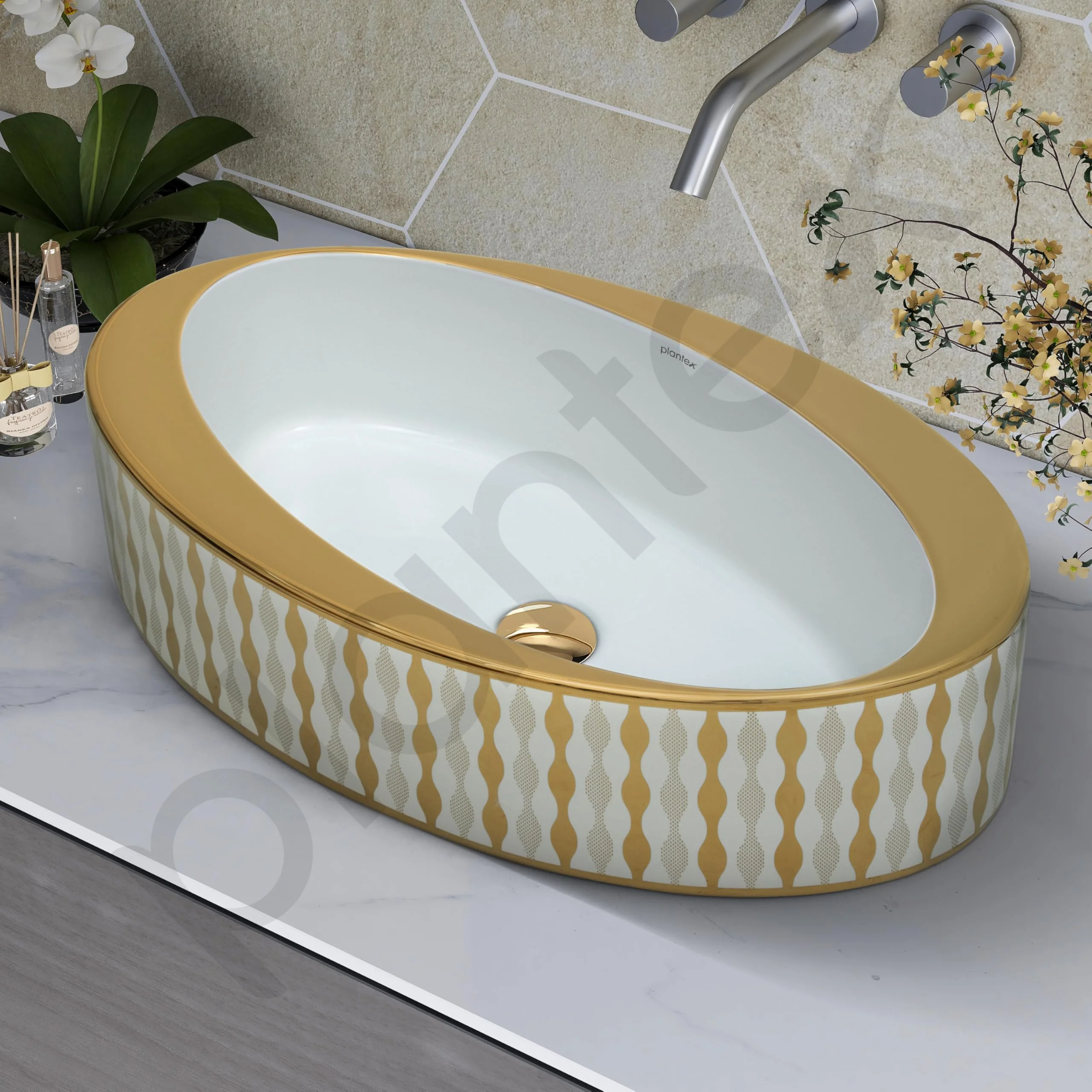 Plantex Ceramic Washbasin/Designer Basin for Bathroom/Oval Tabletop Basin/Countertop Vessel Sink for Home/Office/Restaurant (Gold & White - 24 x 14 x 10 Inch) - Image 6