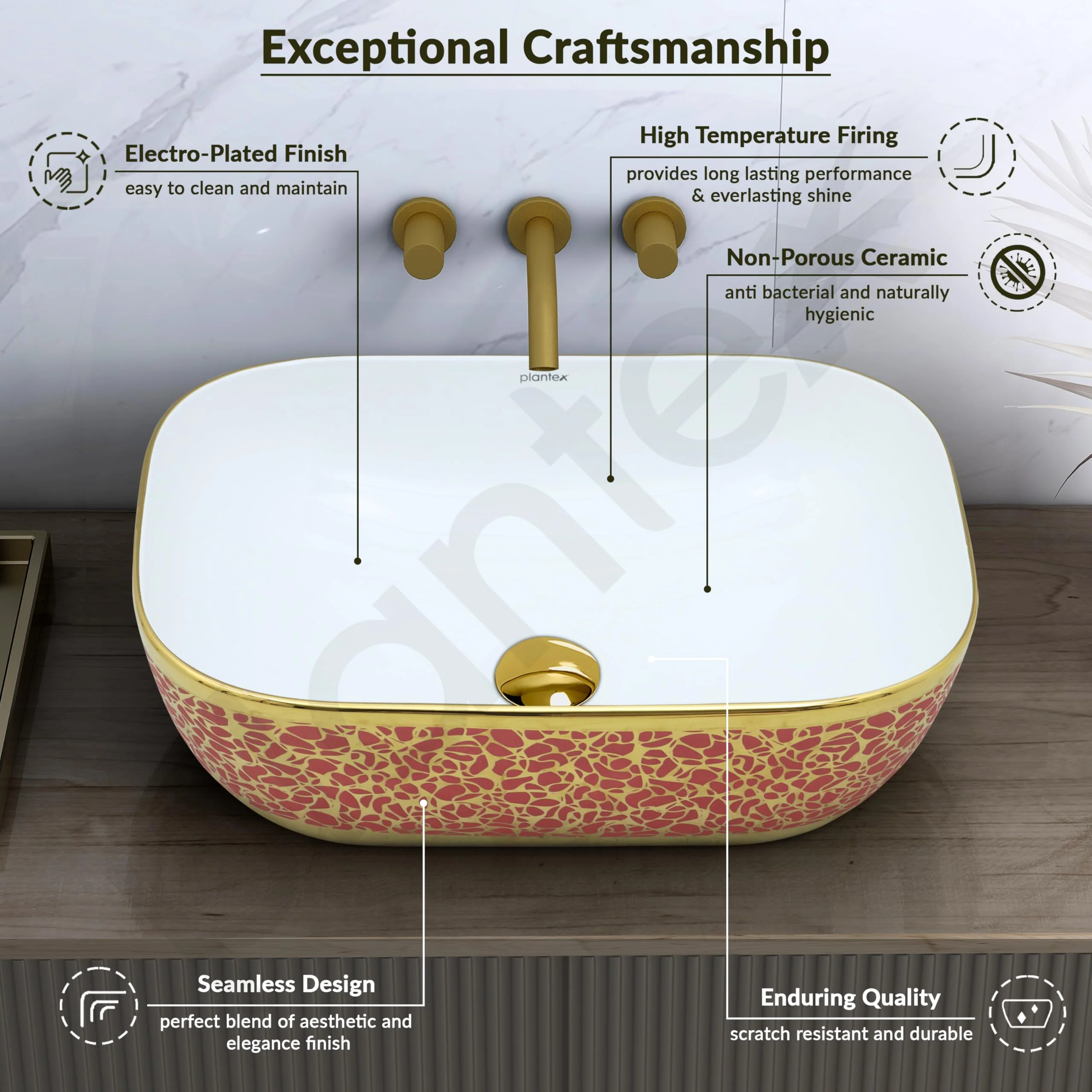 Plantex Ceramic Washbasin for Bathroom/Designer Countertop Basin/Rectangle Tabletop Wash Basin for Home/Office/Hotel (18x13x5 Inch - White & Gold) - Image 4