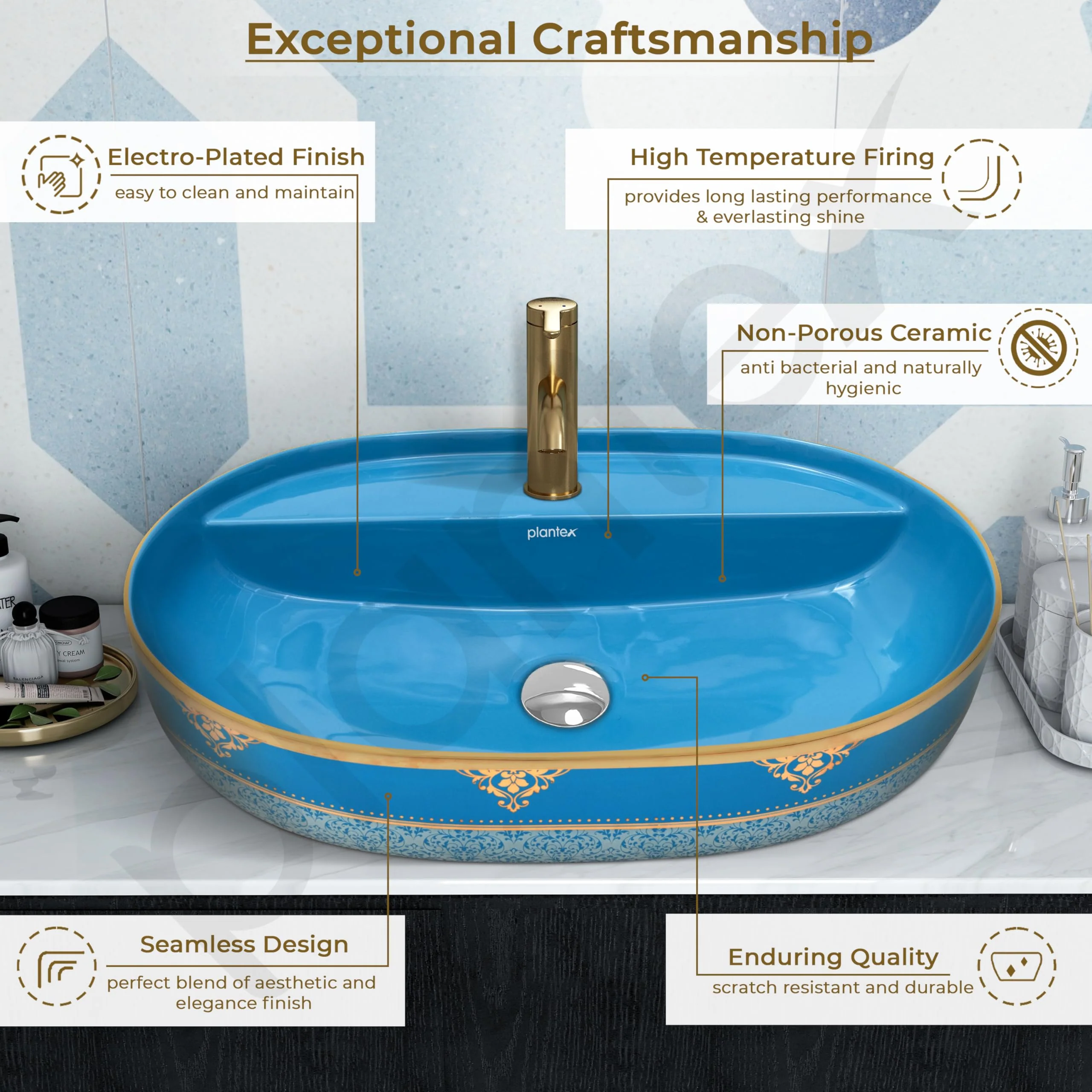 Plantex Ceramic Washbasin/Hand Wash Sink/Counter Top Wash Basin for Bathroom/Home/Office/Hotel (Blue - 23.5 x 16 x 5 Inch) - Image 4