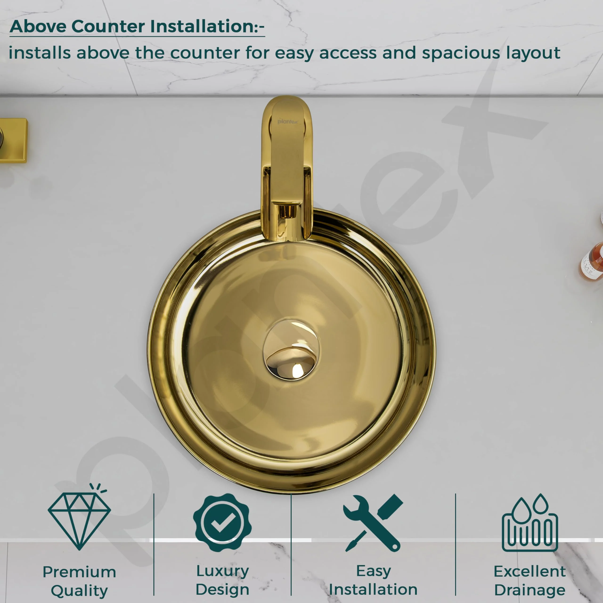 Plantex Ceramic Washbasin/Tabletop Wash Basin/Countertop Vessel Sink for Bathroom/Livingroom Decor - Indo-European Collection (Gold,14.4 x 14.4 x 5 Inch) - Image 4