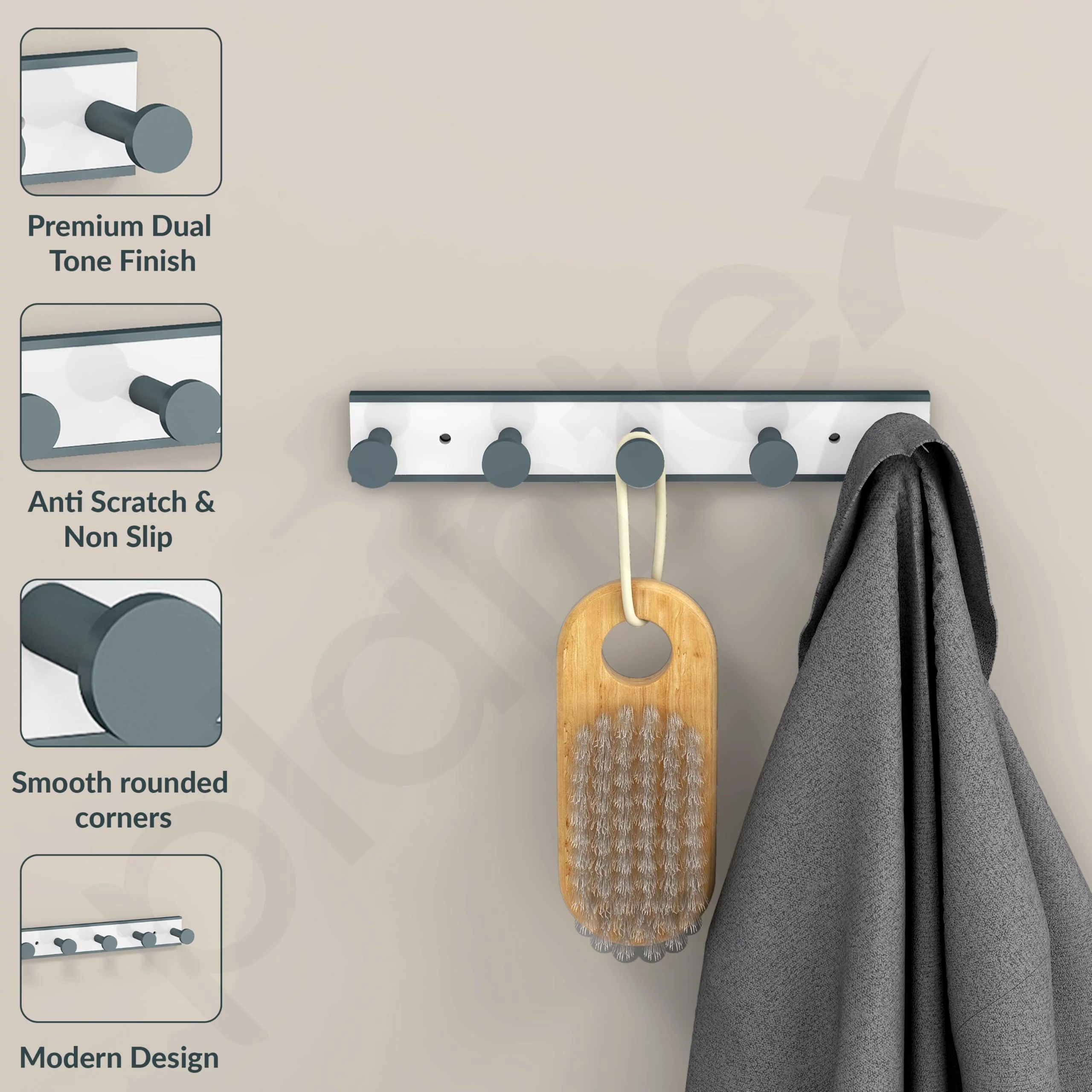 Plantex Cloth Hanger for Bathroom/Acrylic Hook Rail with 5 Hooks/Towel Hanger/Wall Mount Hook Rail Bar for Kitchen/Key Holder (Grey and Milky White) - Image 2