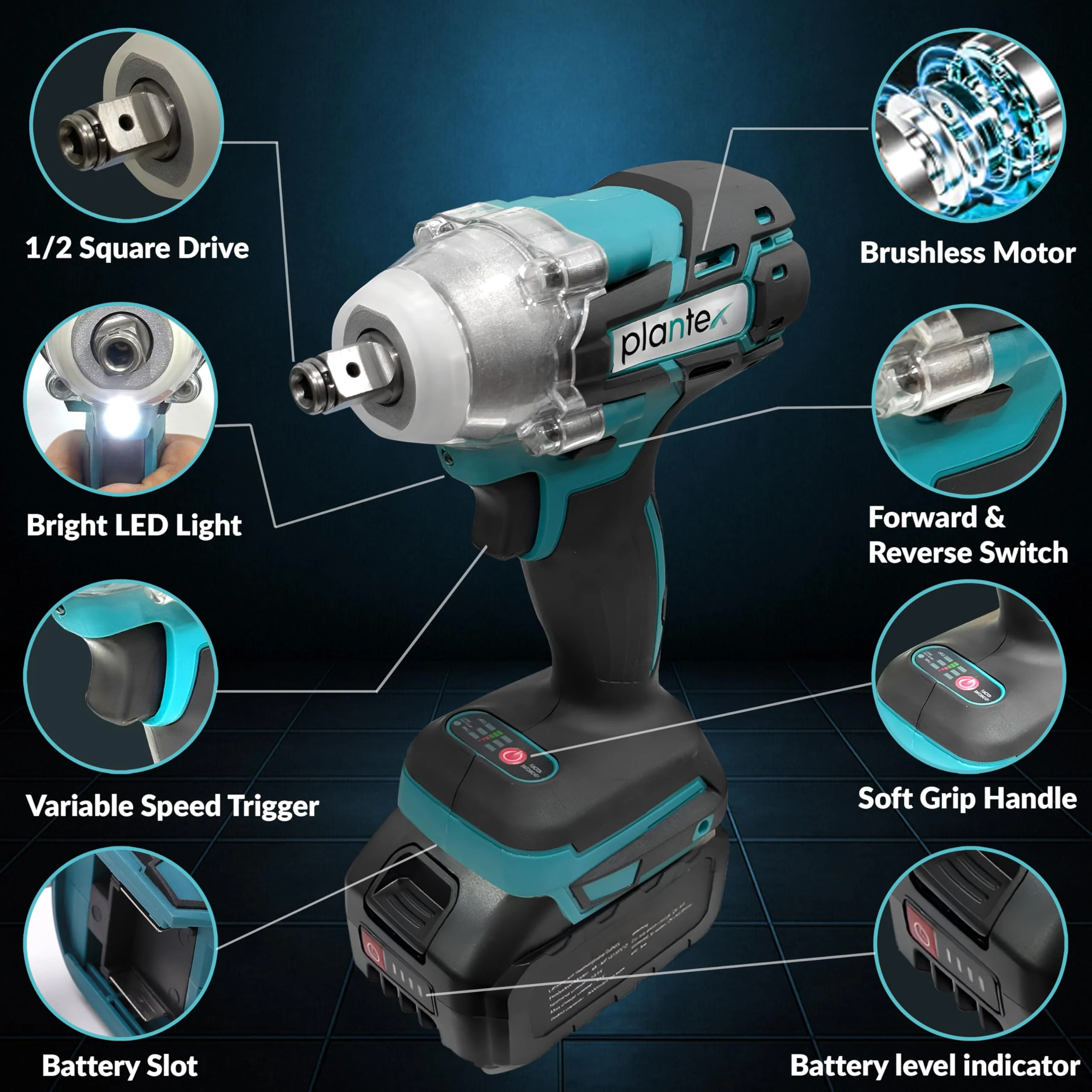 Plantex Cordless Impact Wrench with battery & charger/Brushless Motor/350 Nm Tourq/1/2 Square Head - (Blue & Black) - Image 2