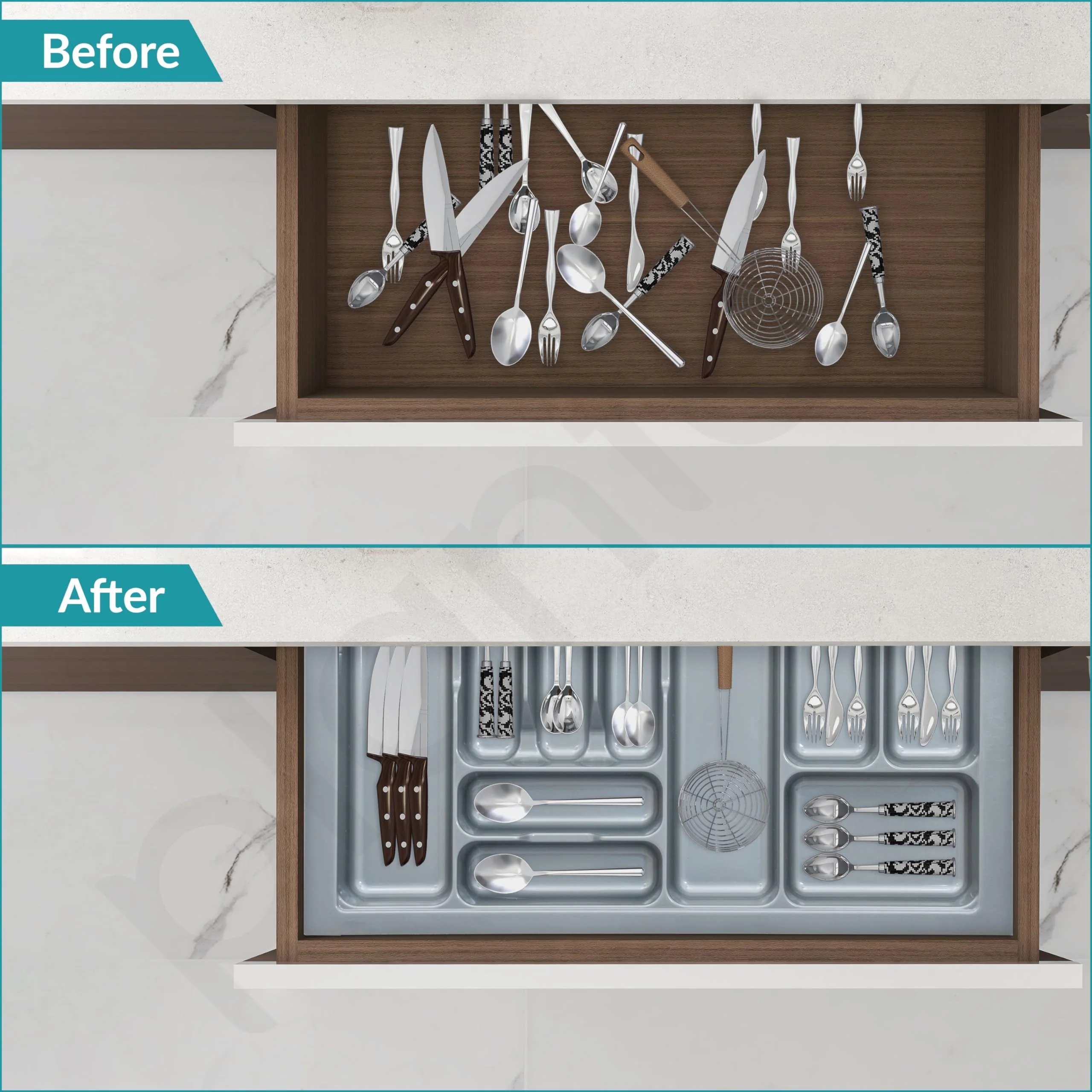 Plantex Cutlery Tray for Kitchen Drawer/Cutlery Cosmetic Stationary Organizer/Cabinet Cutlery Tray Organizer for Modular Kitchen - (Grey-32.5 X 18.5 INCH) - Image 5
