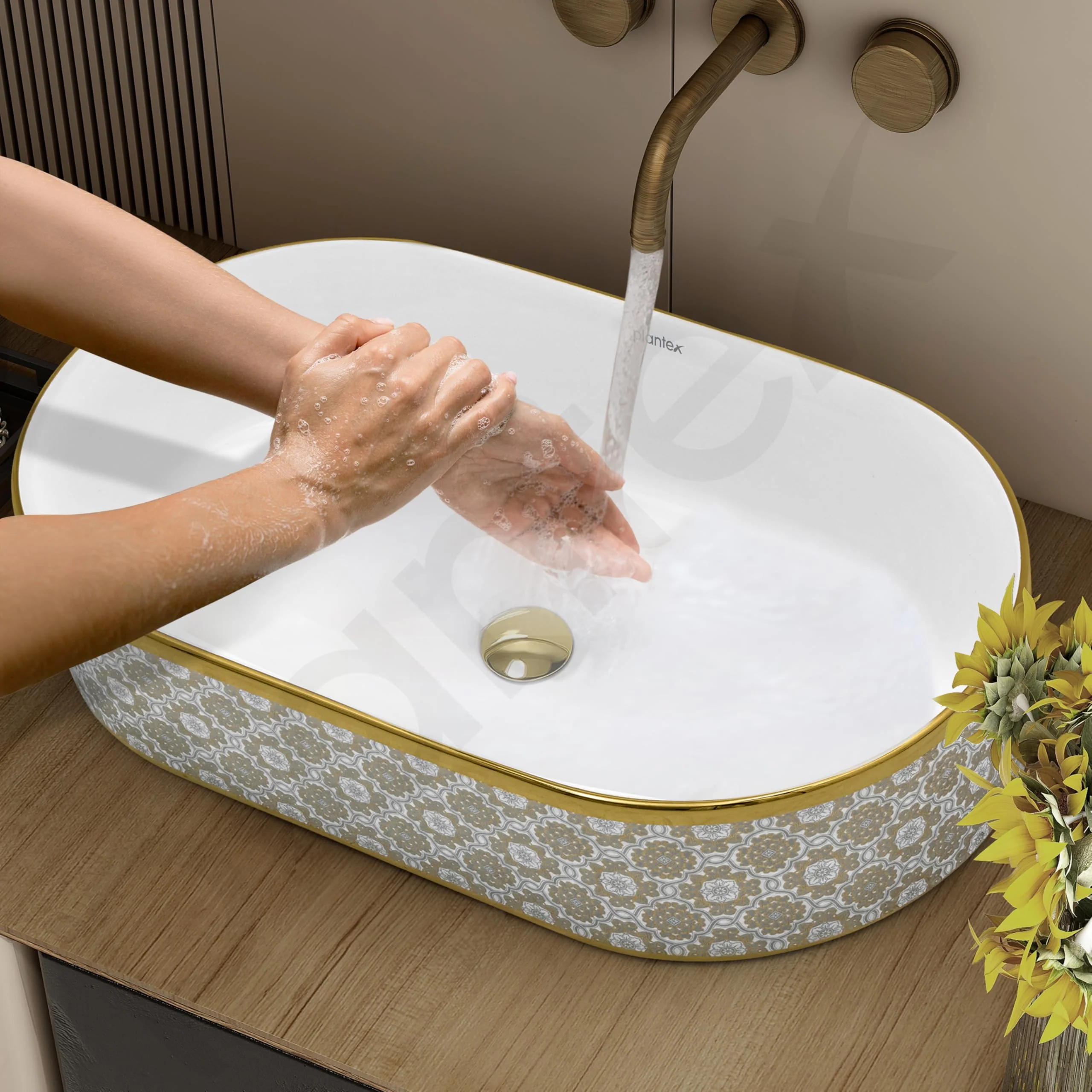 Plantex Designer Washbasin for Bathroom/Ceramic Countertop Basin/Oval Tabletop Wash Basin/Hand Wash Sink for Restaurant/Hotel (20.5x12x4.5 inch - White & Gold) - Image 6