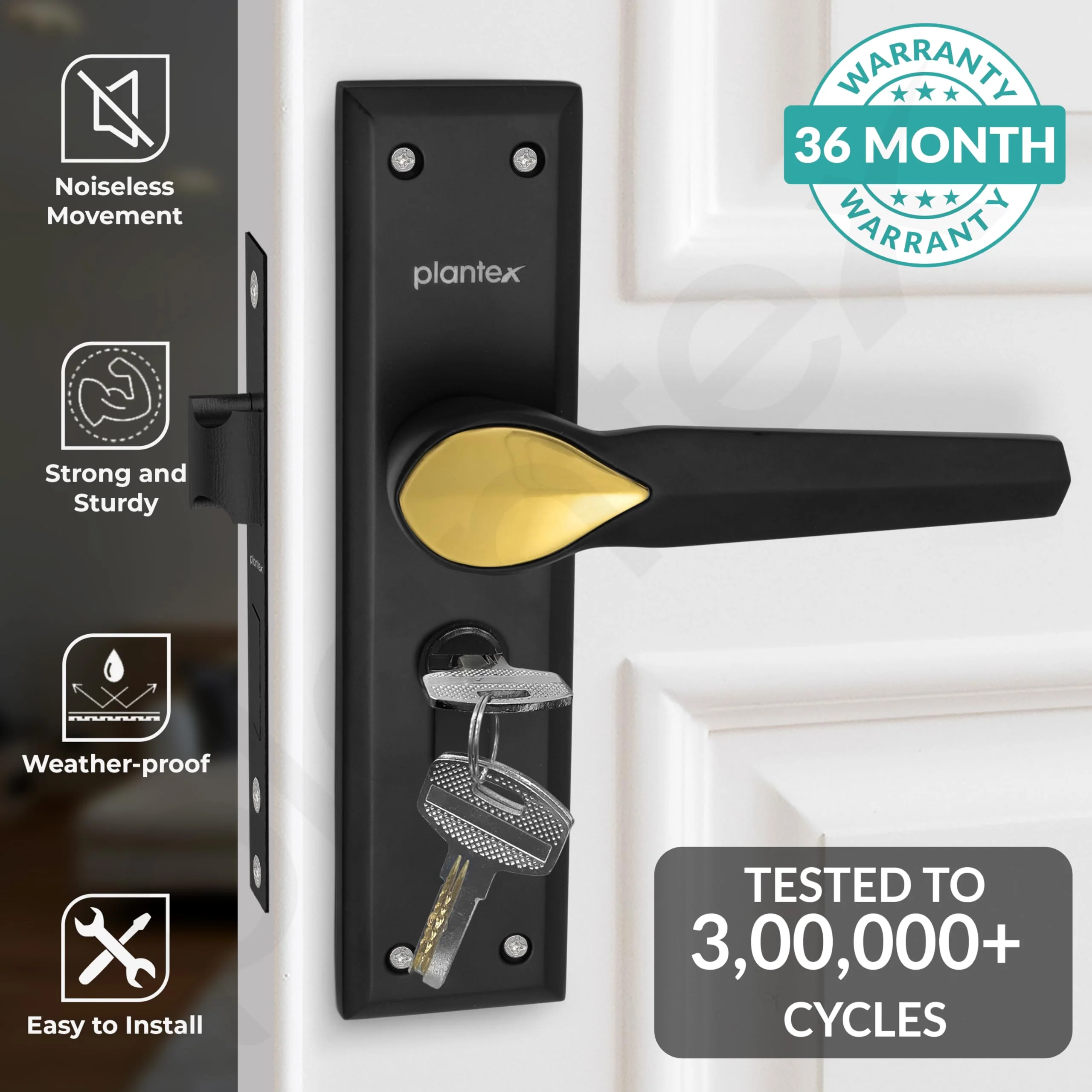 Plantex Door Handle Lock/Main Door Lock Set/6-Lever Lock Mechanism Mortise Lock with 3 Keys/Brass Lock Body & Cylinder (PTP-07, Black & Gold) - Image 2