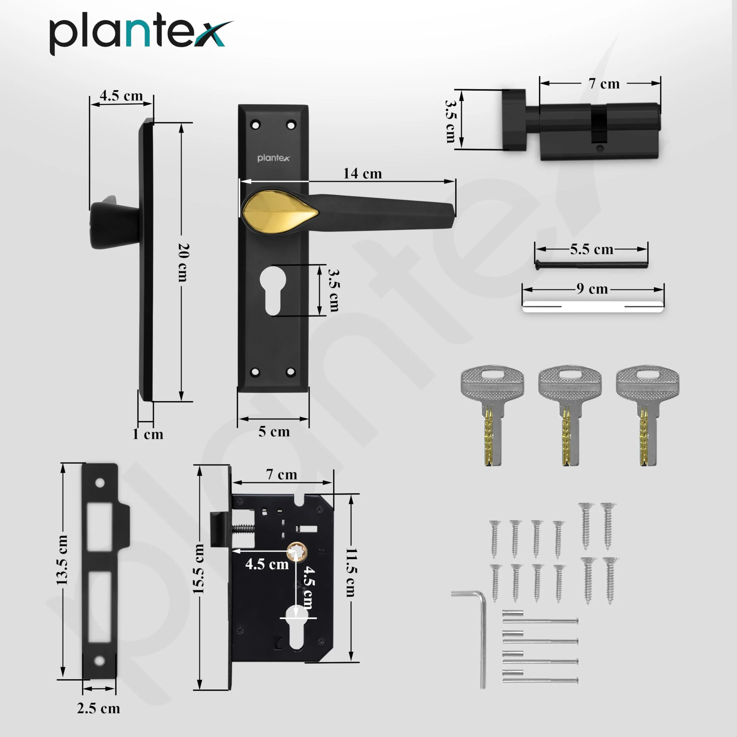 Plantex Door Handle Lock/Main Door Lock Set/6-Lever Lock Mechanism Mortise Lock with 3 Keys/Brass Lock Body & Cylinder (PTP-07, Black & Gold) - Image 3
