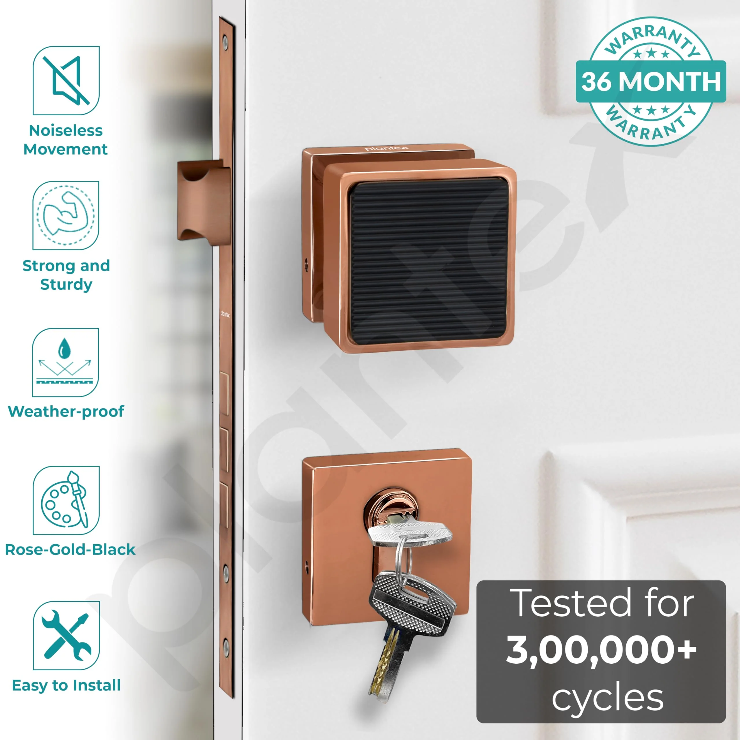Plantex Door Lock/Main Door Mortise Lock Handle/Handle Set with Key for Home/Office/Door Accessories - (PT-011, Rose Gold & Black) - Image 2