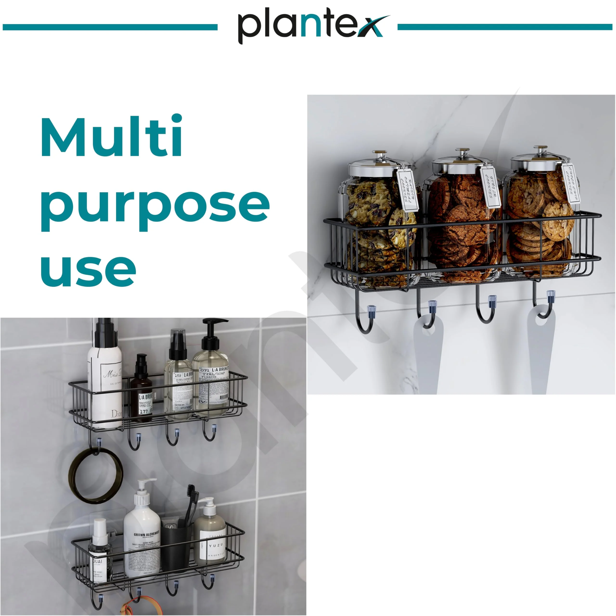 Plantex Drill Free Bathroom Shelf for Wall/Self Adhesive Shelf for Kitchen with Hooks & Magic Sticker/Bathroom Accessories Set - GI Steel (Pack of 3) - Image 5