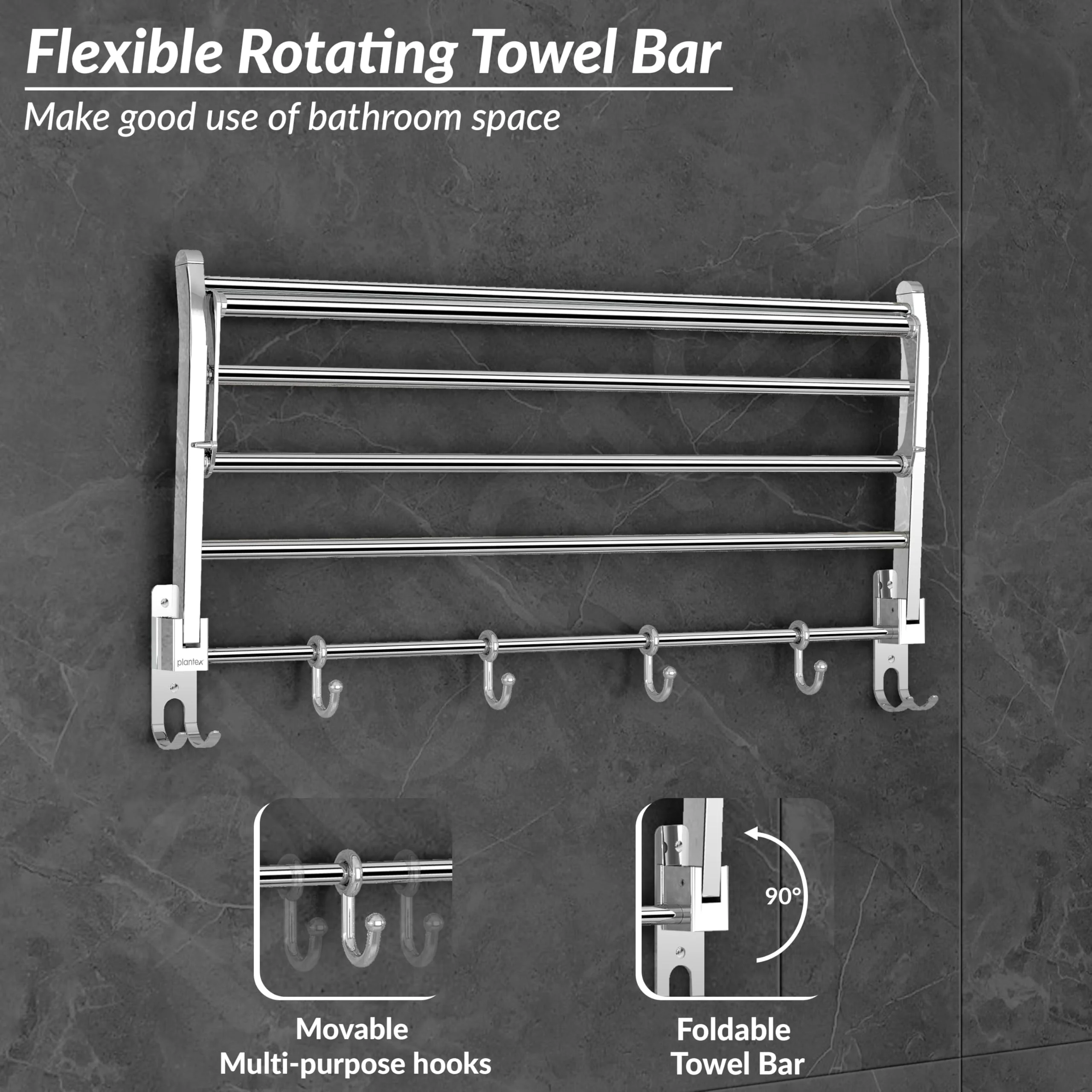 Plantex Eco Stainless Steel Folding Towel Rack/Towel Holder for Bathroom/Towel Hanger/Bathroom Accessories Set(24-inch) Chrome - Image 5