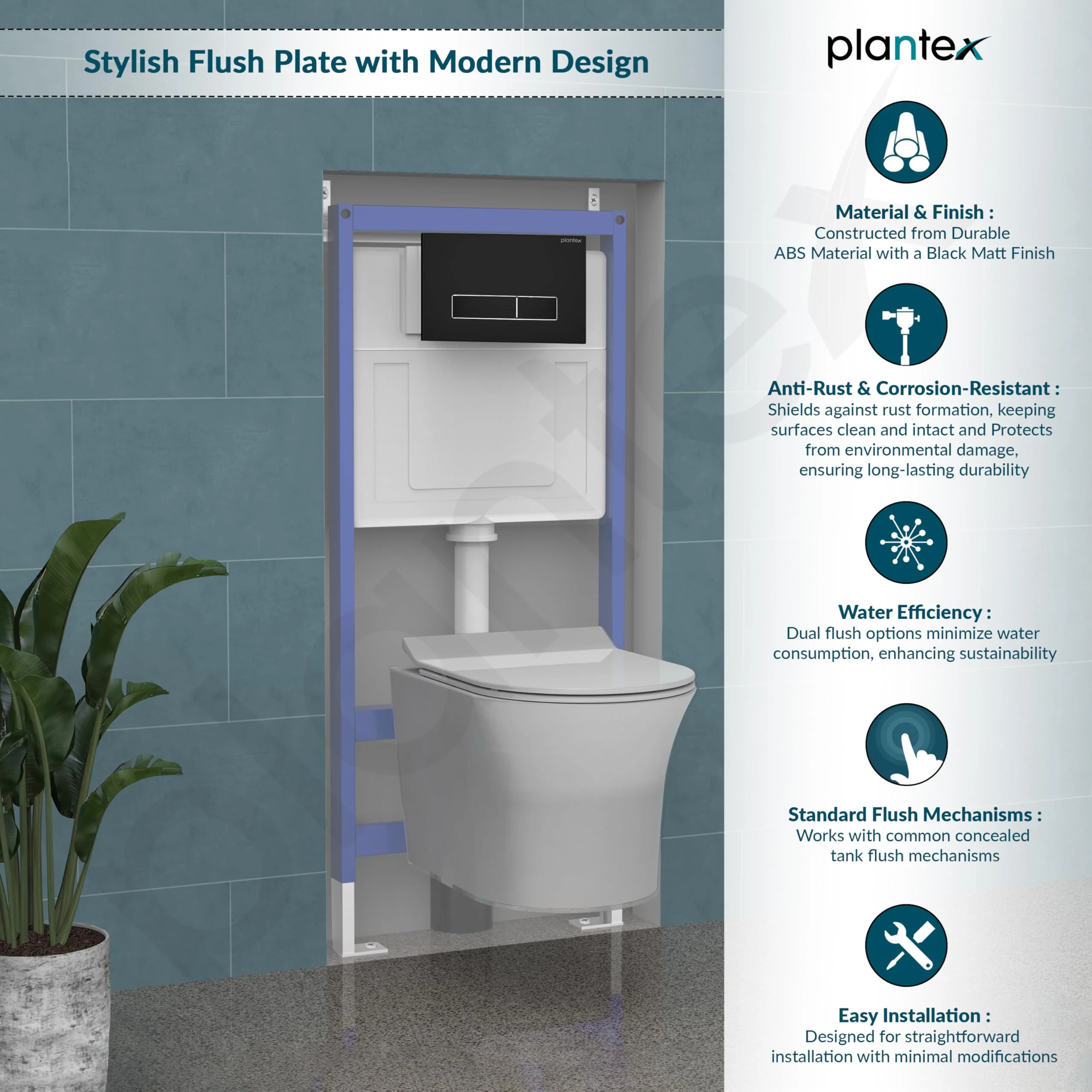 Plantex Flush Plate/Dual Flush Plate for Toilet/Mechanical Dual-Flush Plate/Water-Saving Technology – Pack of 1 (4519, Black) - Image 2