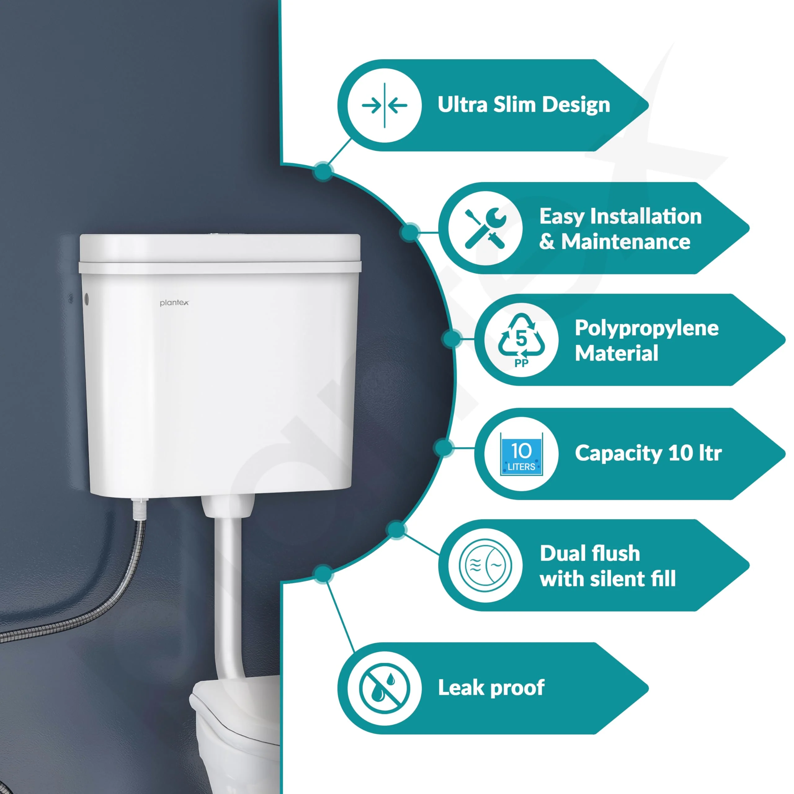 Plantex Flush Tank for Toilet with 10 Ltr Water Capacity/Dual Flushing Cistern for Bathroom/Polypropylene Toilet Flush Tank - Pack of 1 (Classic, White) - Image 2