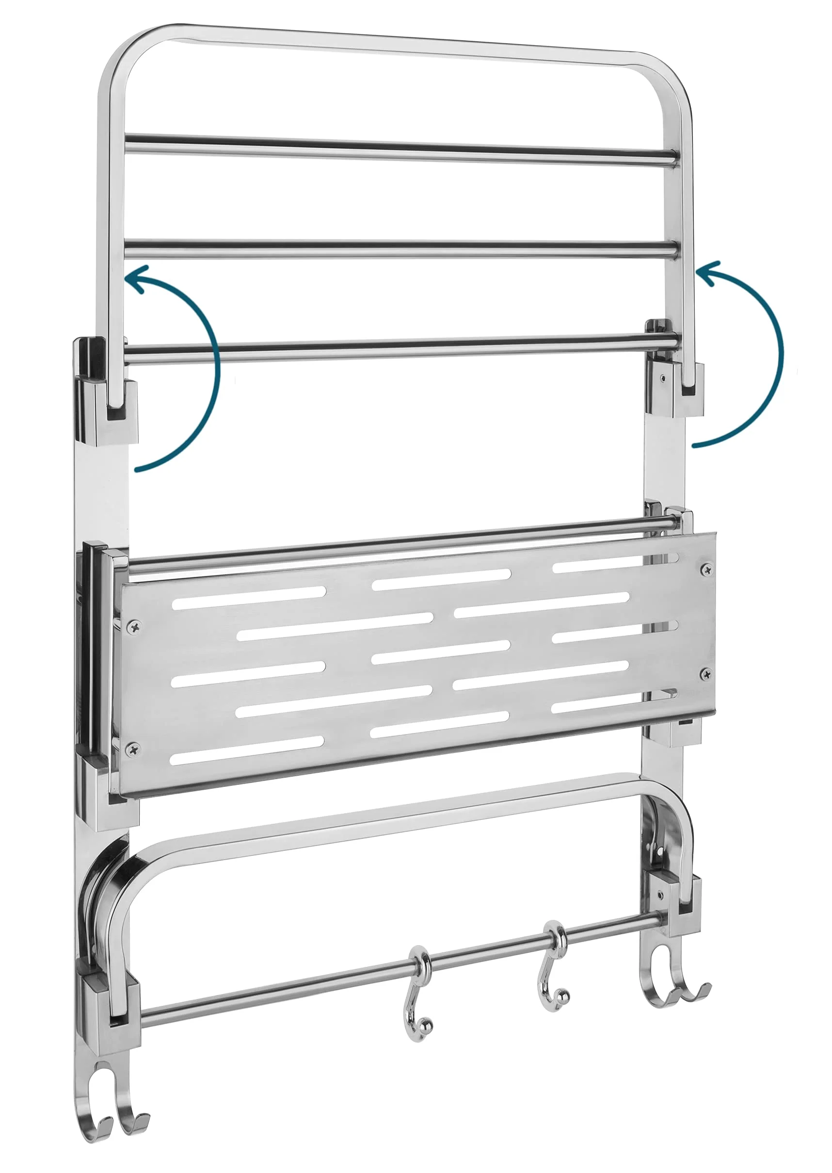 Plantex Folding Bathroom Shelf for Wall/304 Grade Stainless Steel Shelf for Bathroom with Hooks and Towel Rod/Rack/Premium Multipurpose Organizer (3-Tier, Chrome) - Image 2