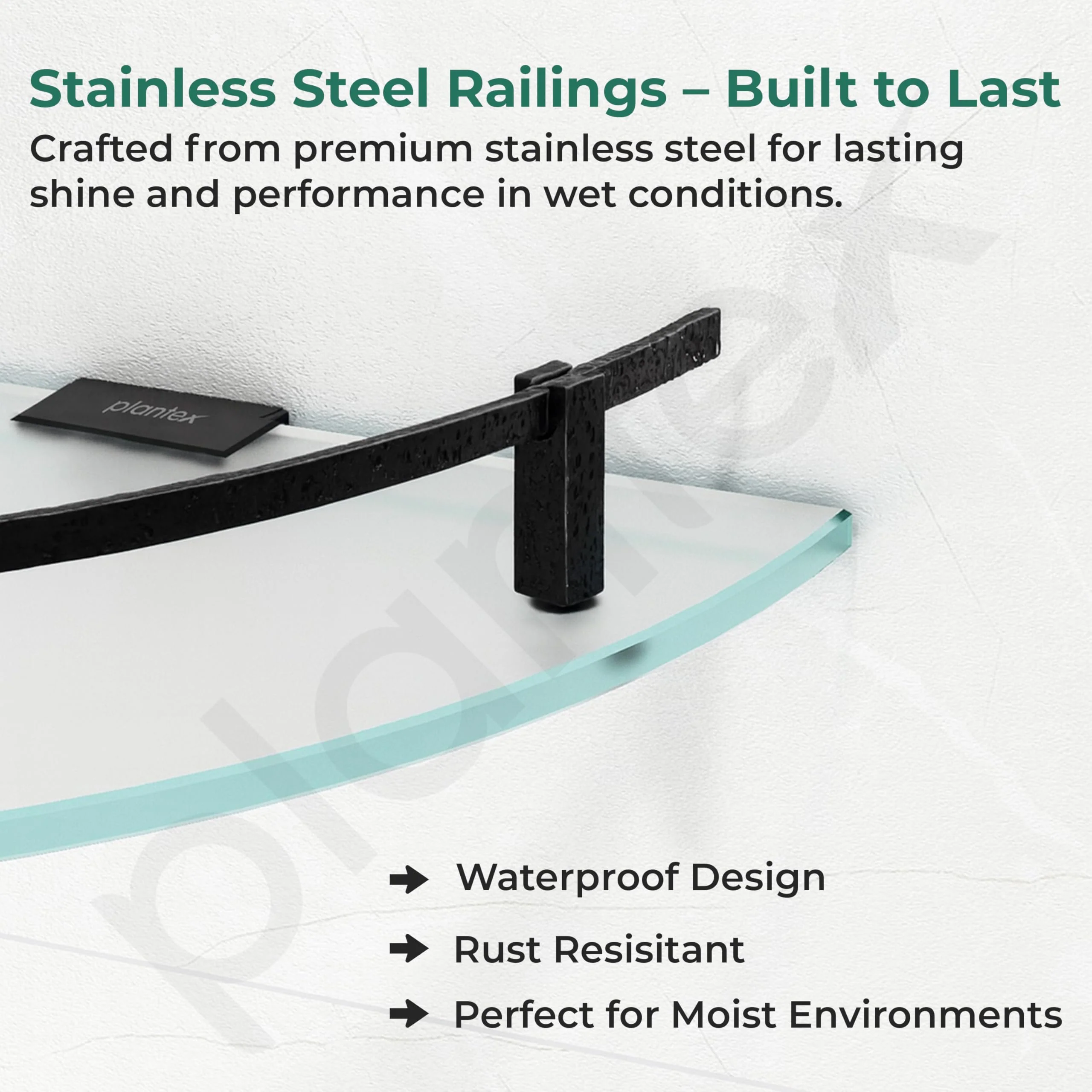 Plantex Frosted Corner Glass Shelf for Bathroom/Kitchen, Wall Mounted With Black Railings and Brackets - Premium Bathroom Accessory (9x9 Inches, Pack of 1) - Image 2