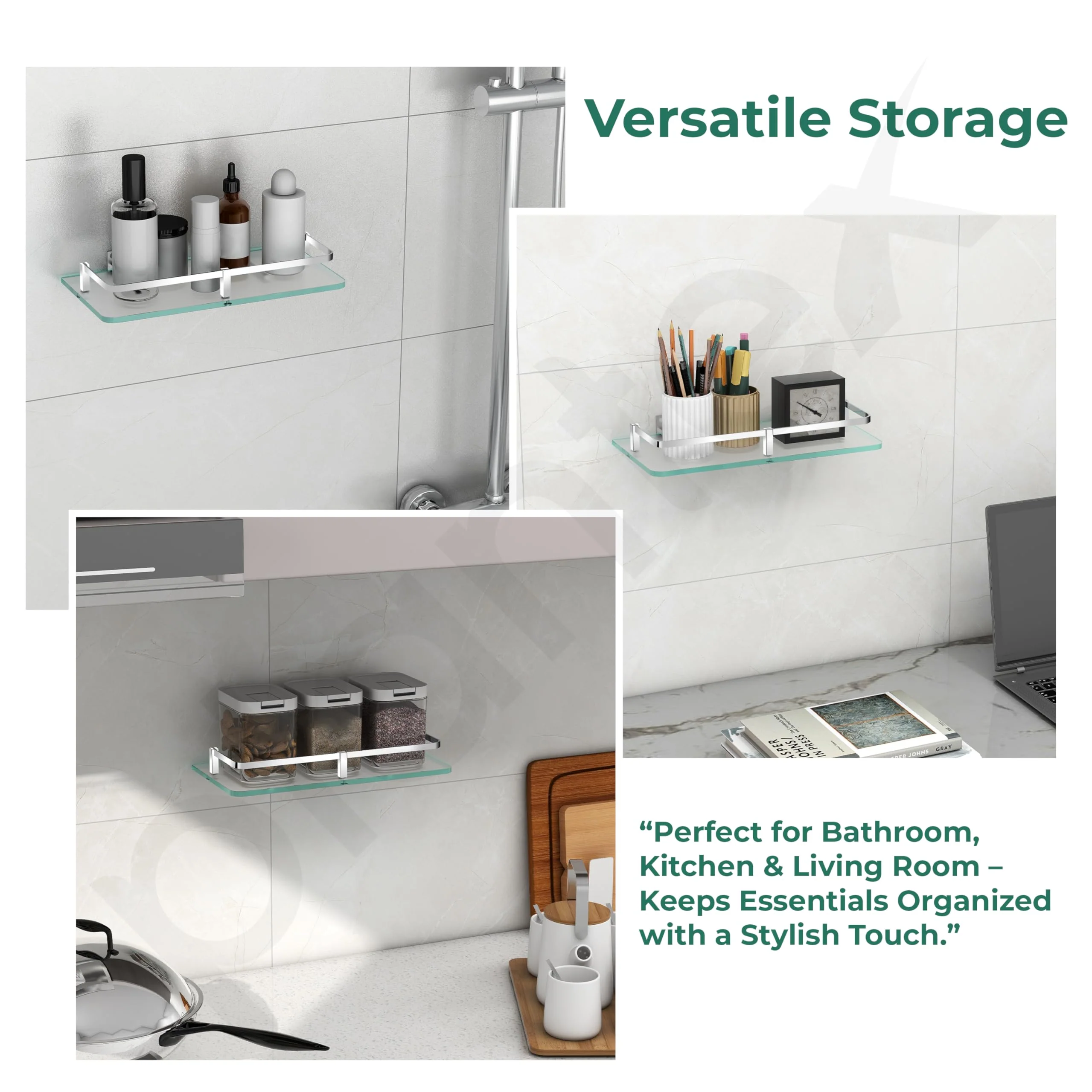 Plantex Frosted Glass Shelf for Bathroom/Kitchen Shelf for Wall/Living Room Wall Storage Shelf with Chrome Finish Brass Railings and Brackets (12x6 Inches - Pack of 2) - Image 7