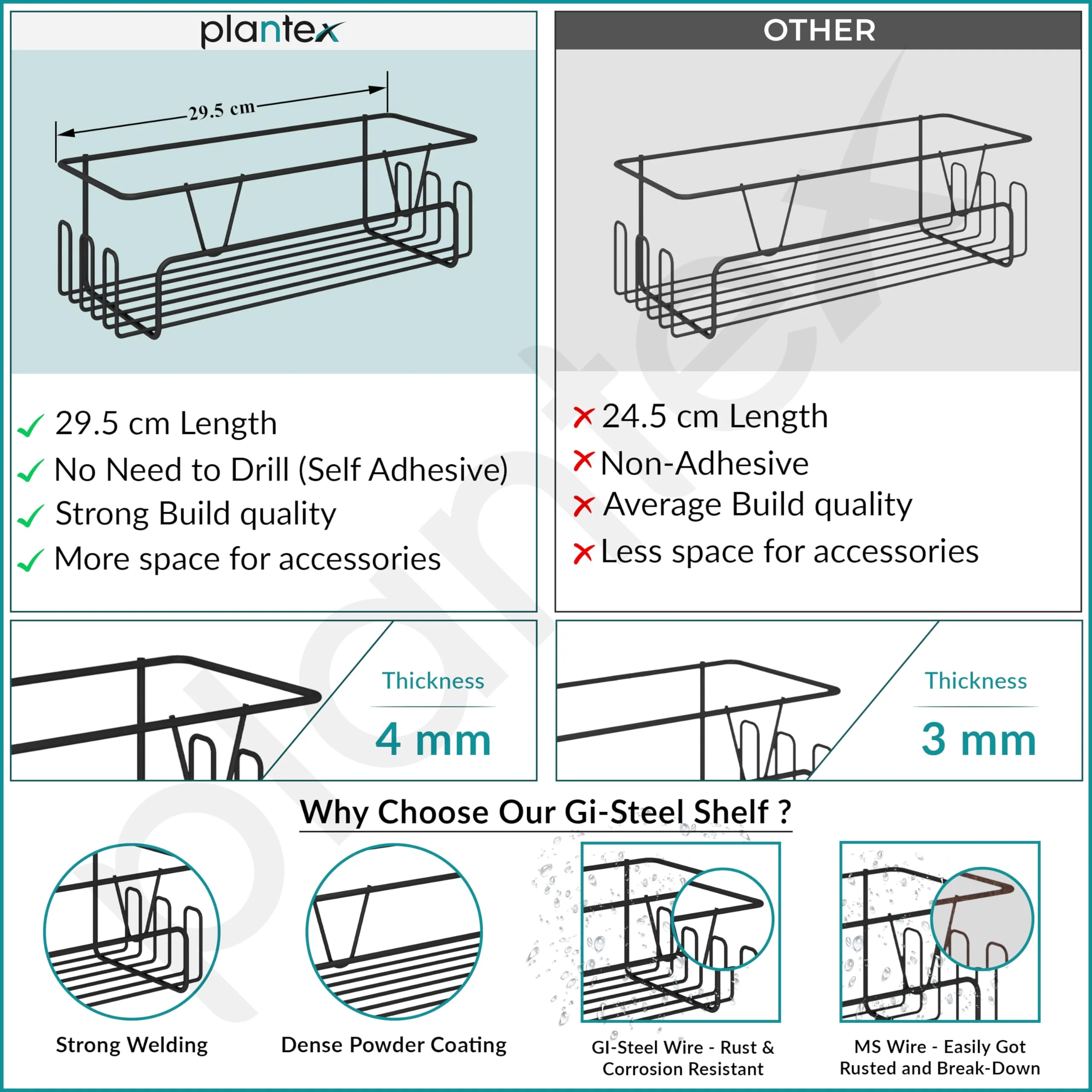 Plantex GI Steel Adhesive Shelf for Bathroom Wall/Self Adhesive Shelf for Kitchen with Side Hooks to Hang Loofah for Bathing/Bathroom Organiser - Black, Powder Coated - Image 4