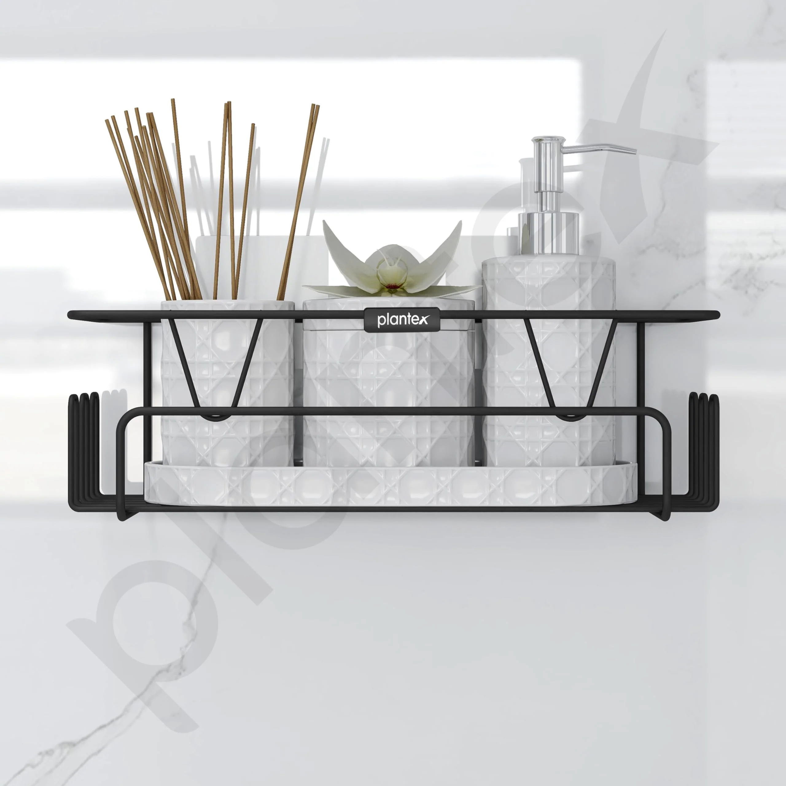 Plantex GI Steel Adhesive Shelf for Bathroom Wall/Self Adhesive Shelf for Kitchen with Side Hooks to Hang Loofah for Bathing/Bathroom Organiser - Black, Powder Coated - Image 6