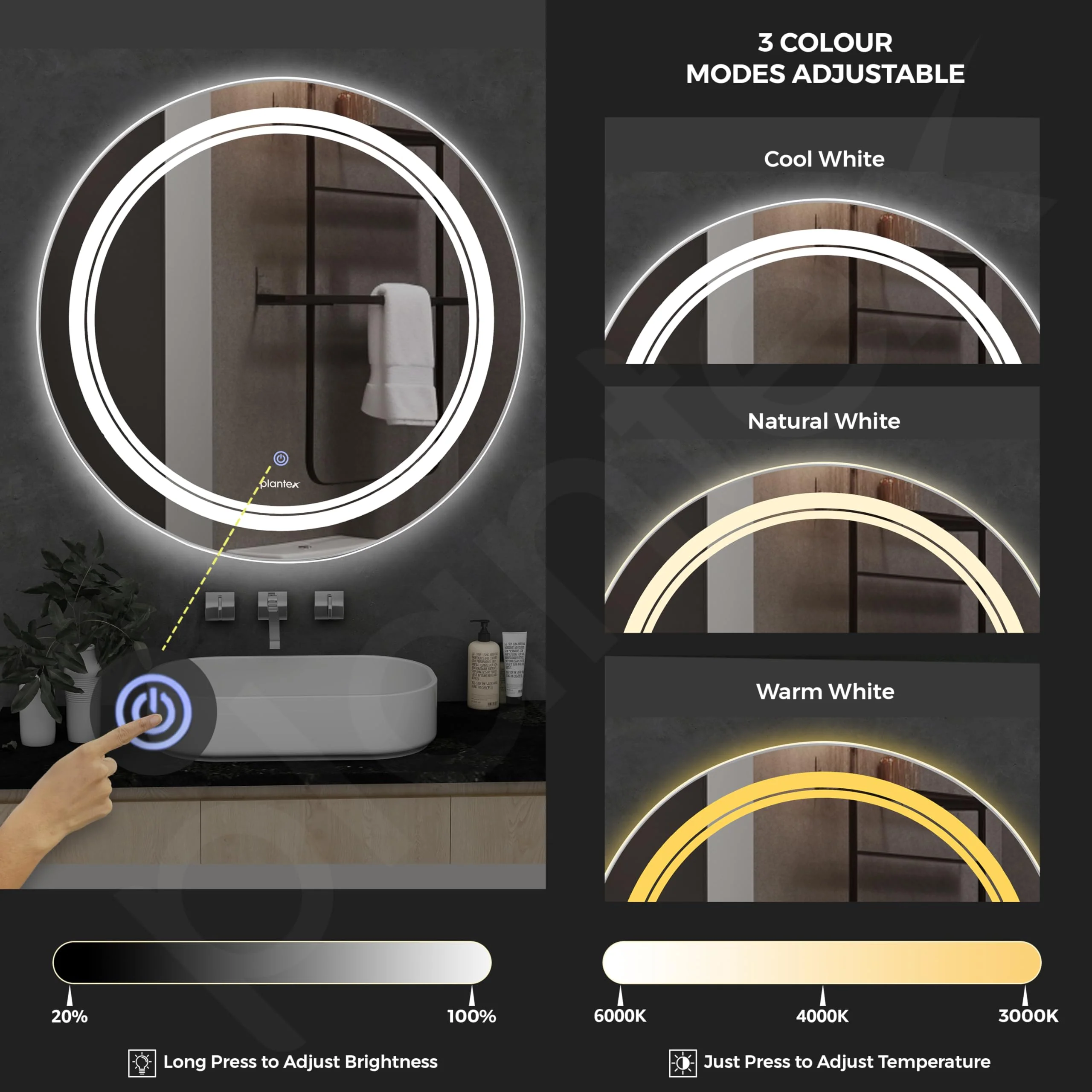 Plantex Glass Mirror With Light With 3 Tone/Touch Wall Mount Mirror For Bedroom/Dressing Room/Living Room - Round Shape (24 Inch), White - Image 5