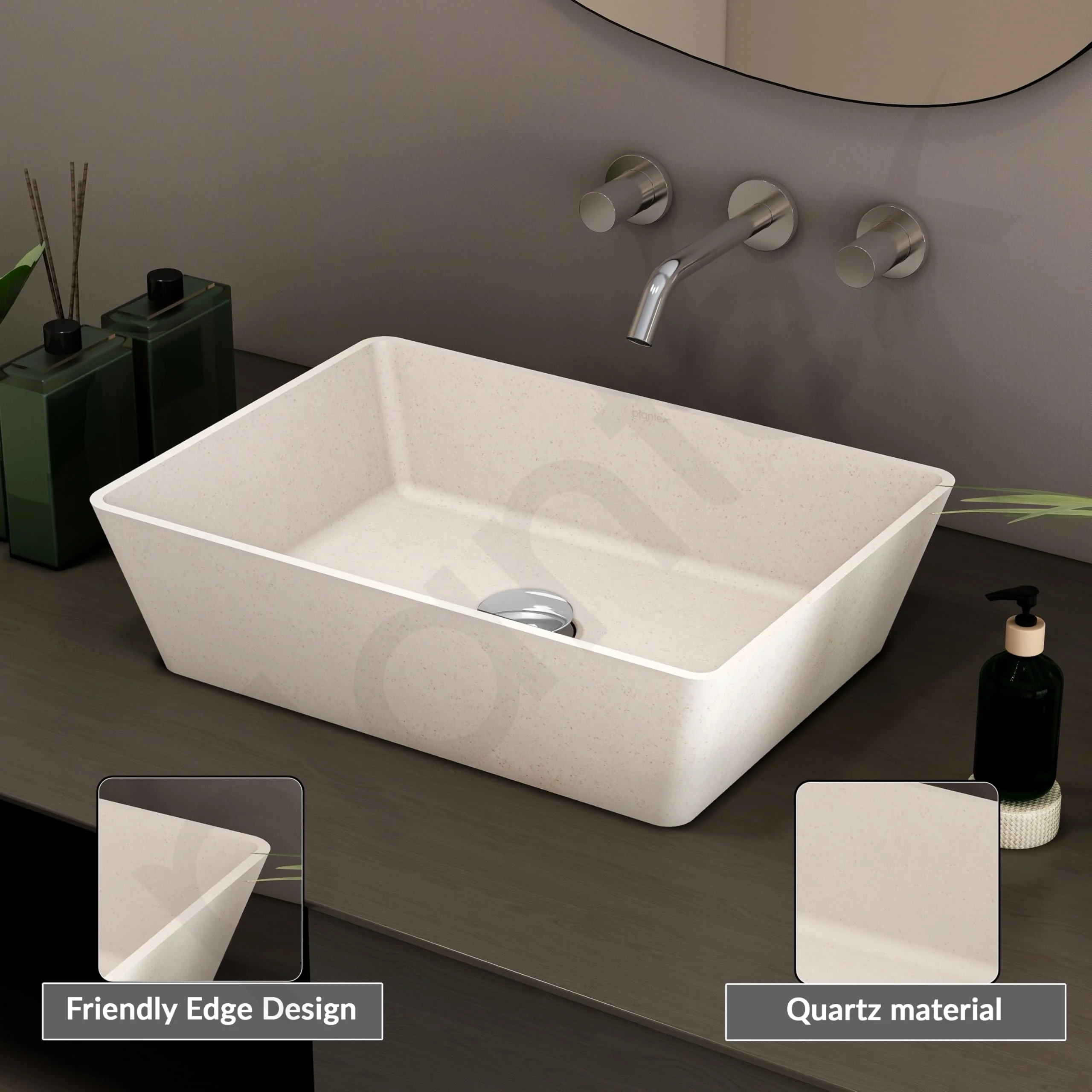 Plantex Granite Quartz Counter Top WashBasin/Rectangle Tabletop Wash Basin/Vessel Sink Wash Basin Over Counter for Home/Restaurant (Peach Ivory - 18 x 13 x 5 Inch) - Image 4