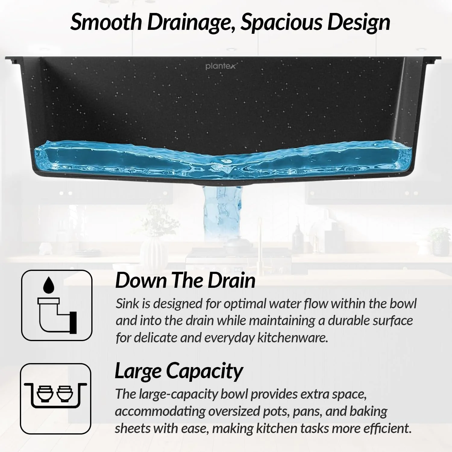 Plantex Granite Single Bowl Sink/Matt Quartz Sink For Kitchen/UV Protected Kitchen Sink/Undermount/Topmount (Nano Black - 24X18 Inches) - Image 4