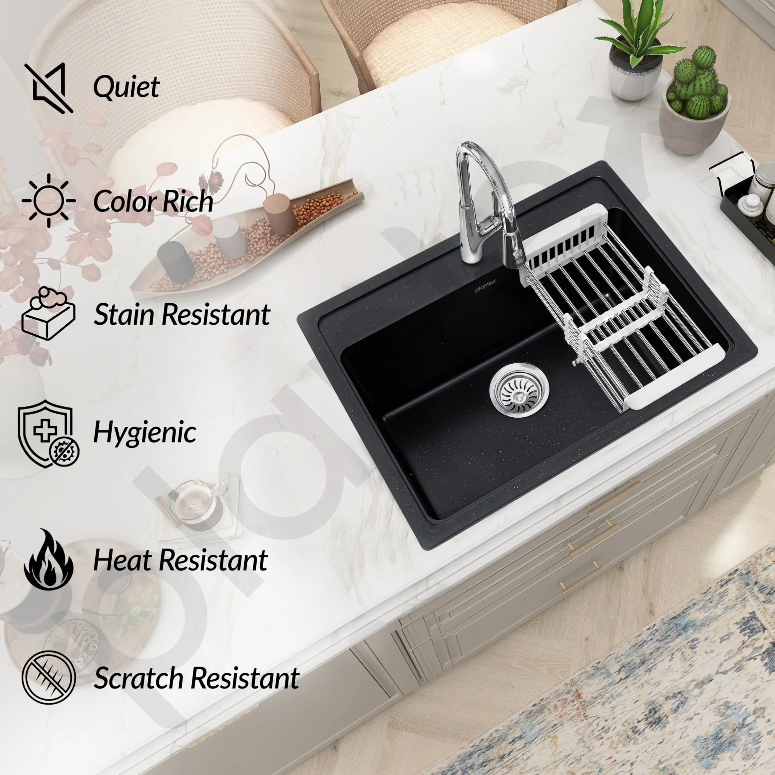 Plantex Granite Single Bowl Sink/Matt Quartz Sink For Kitchen/UV Protected Kitchen Sink/Undermount/Topmount (Nano Black - 24X18 Inches) - Image 7