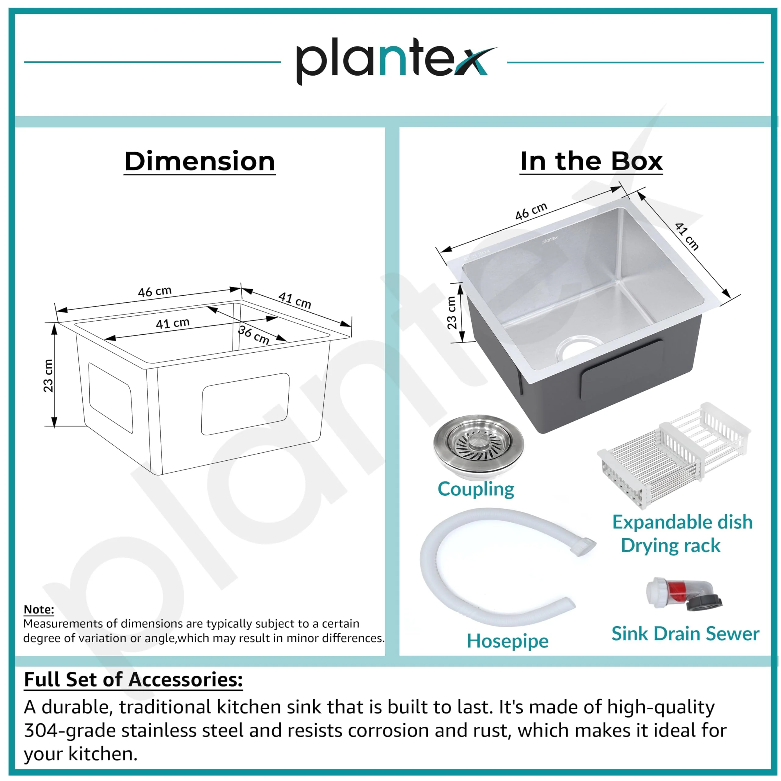 Plantex Guranteed Stainless Steel 304 Grade Kitchen Sink/Undermount Handmade Sink for Kitchen with 7 Years of Warranty by Plantex/Single Bowl Sink with All Fittings & Drying Rack(Matt - 16x18 Inches) - Image 6