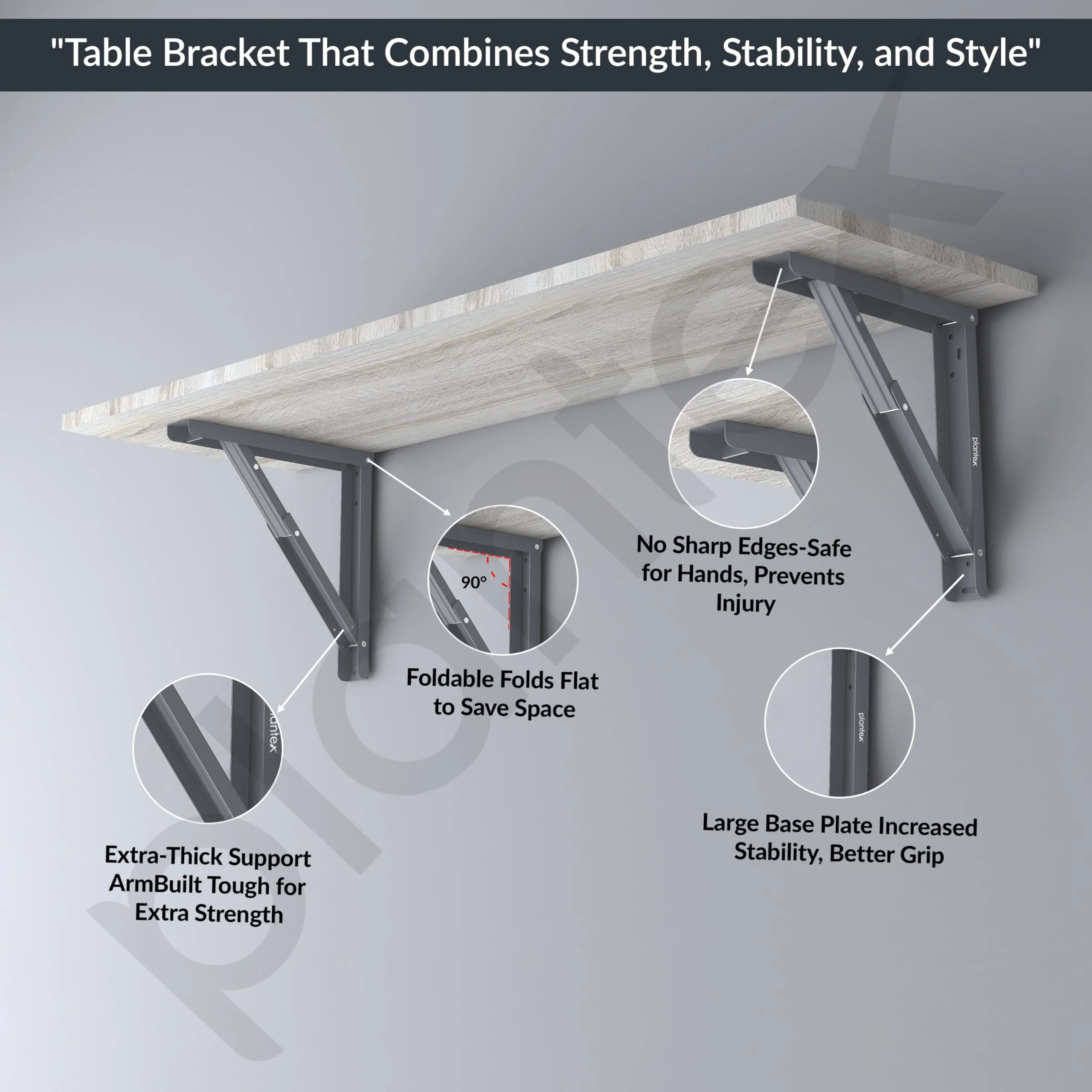 Plantex Heavy Duty 12 Inch Foldable Table Bracket/GI Steel Multipurpose Shelf Bracket/Space Saving Wall Bracket/Folding Bracket for Home & Office - Pair of 1 (Grey) - Image 3
